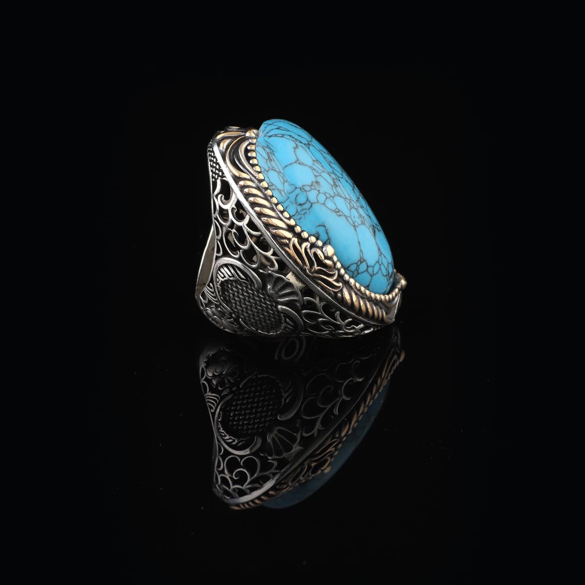 Handmade Men's Turquoise Ring – Chunky Sterling Silver Engagement Ring with Vintage Ottoman Design