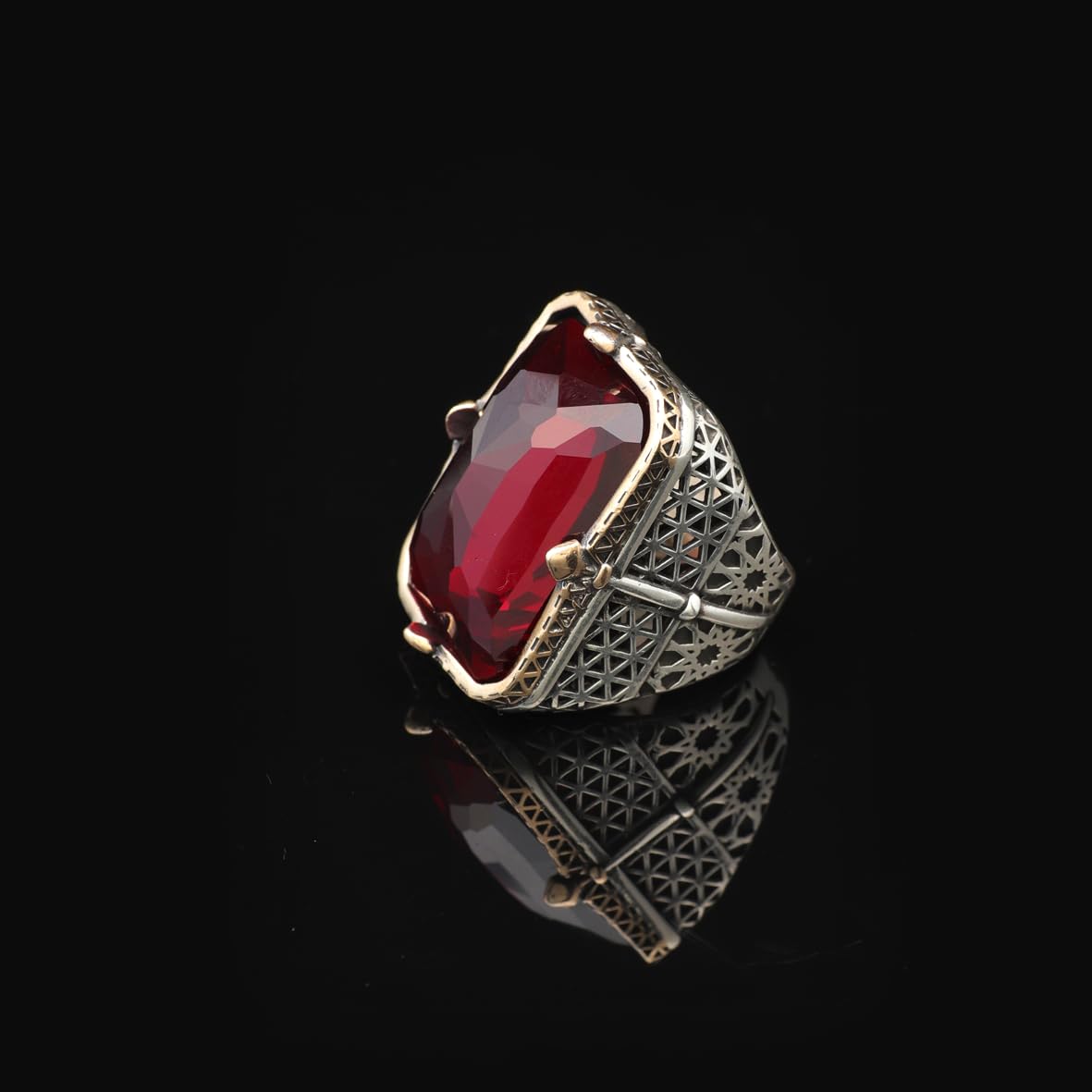 Vintage Large Garnet Ring for Men - 925 Sterling Silver Turkish Handmade Polished Engagement Ring with Silver Polishing Cloth Gift