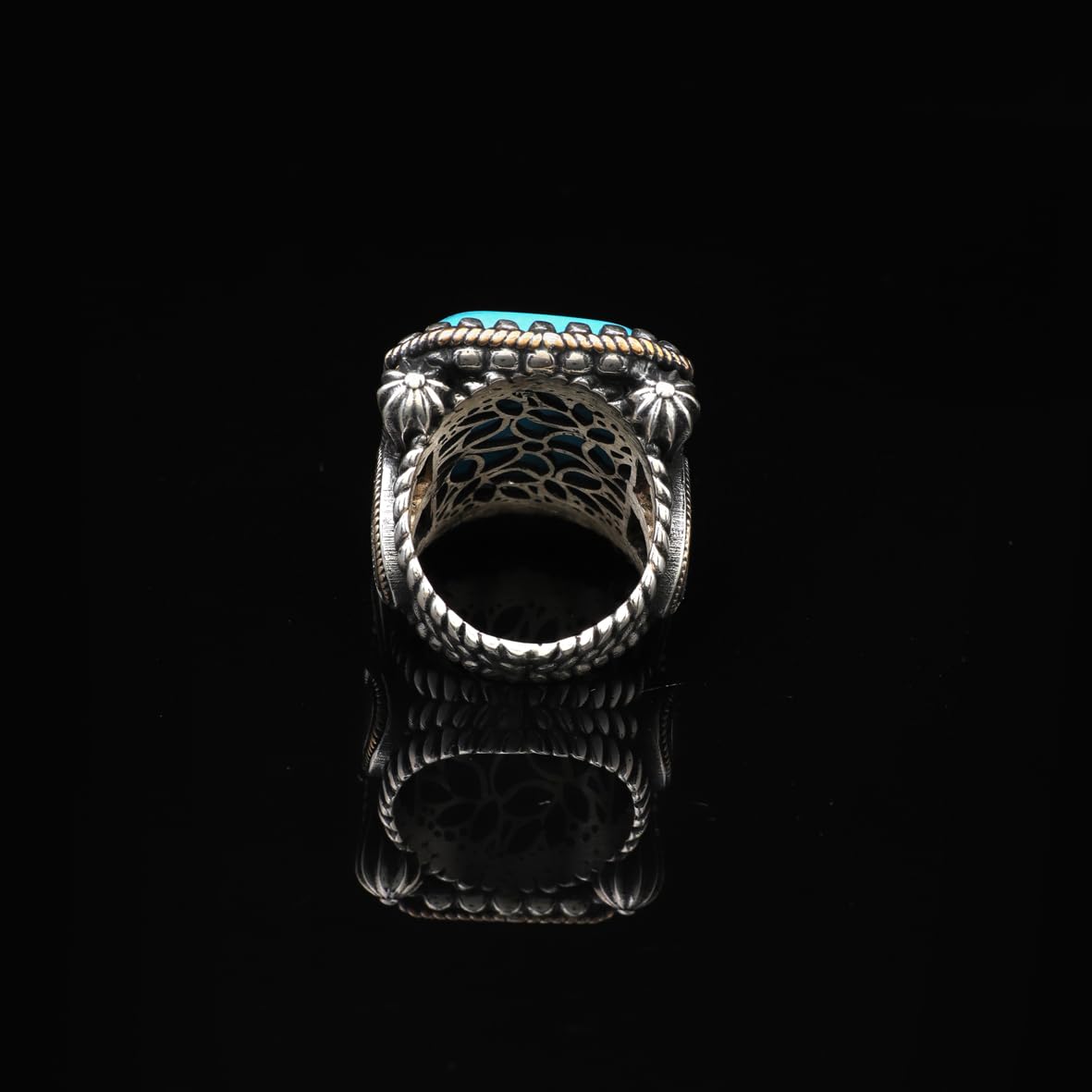Turquoise Ring - Large Gemstone Ottoman Vintage Handmade 925 Sterling Silver Men's Ring with Silver Polishing Cloth Gift