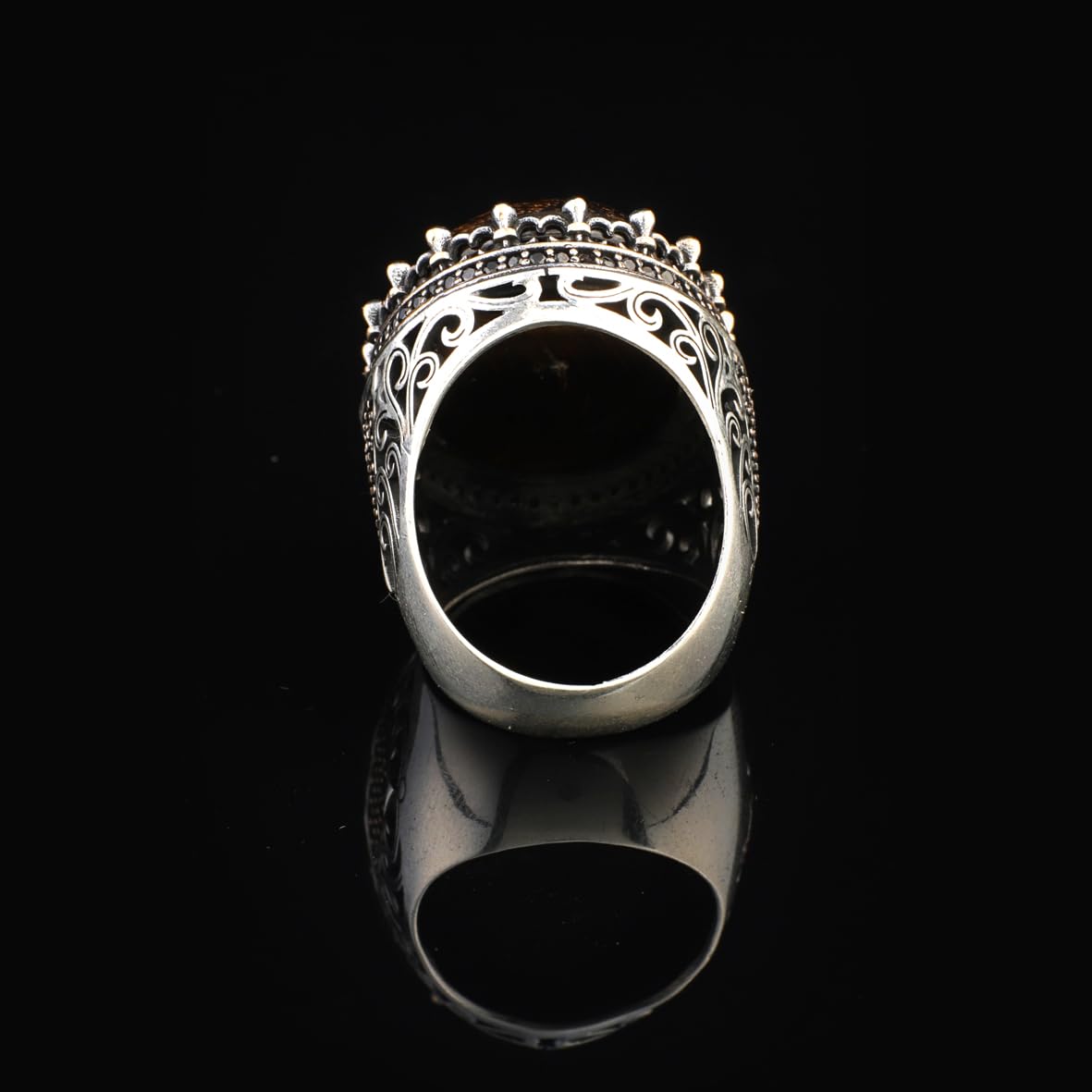 Men's Tiger Eye Engagement Ring with Micro Sapphire - Chunky Sterling Silver Handmade Ring in Vintage Ottoman Style with Custom Engraving & Gift Silver Polishing Cloth
