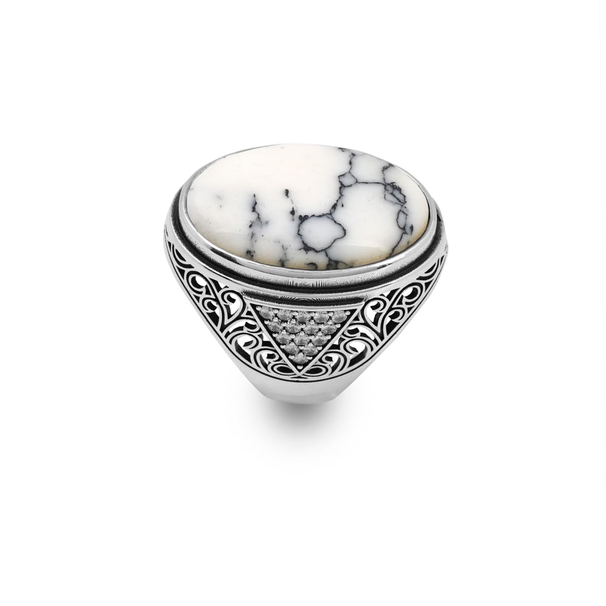 Mens White Turquoise Ring – Chunky Sterling Silver Ring with Micro Sapphire
