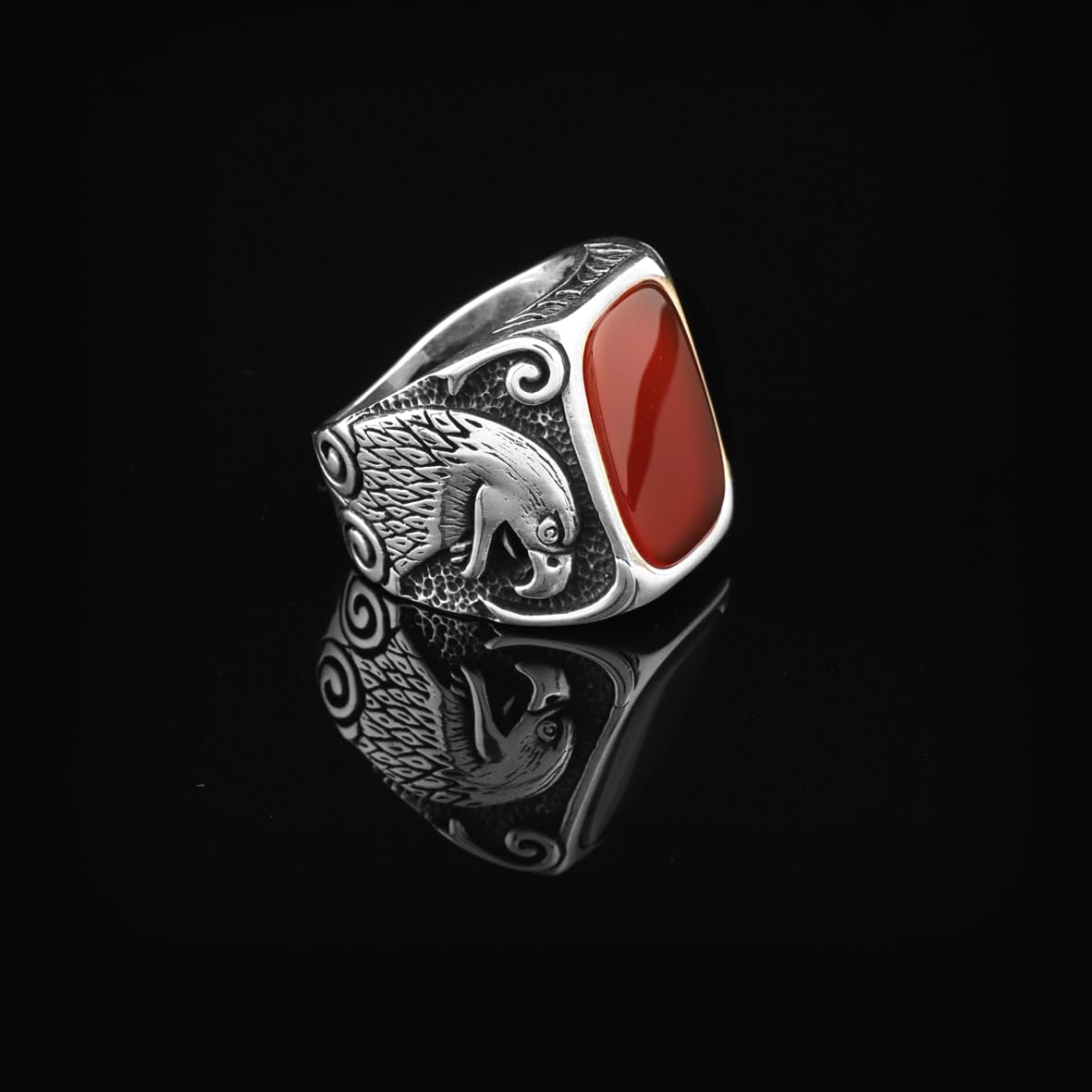 Vintage Eagle Ring with Carnelian Gemstone - Custom Engraved Sterling Silver Signet Ring