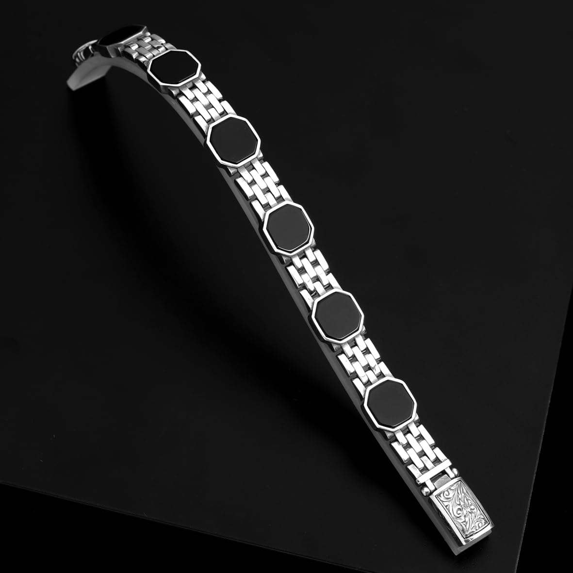 Made to Order Onyx Gemstone Vintage Bracelet – Handmade Sterling Silver Chain Bracelet for Men – Hand-Engraved Gothic Personalize Bracelet with Gift Silver Polishing Cloth