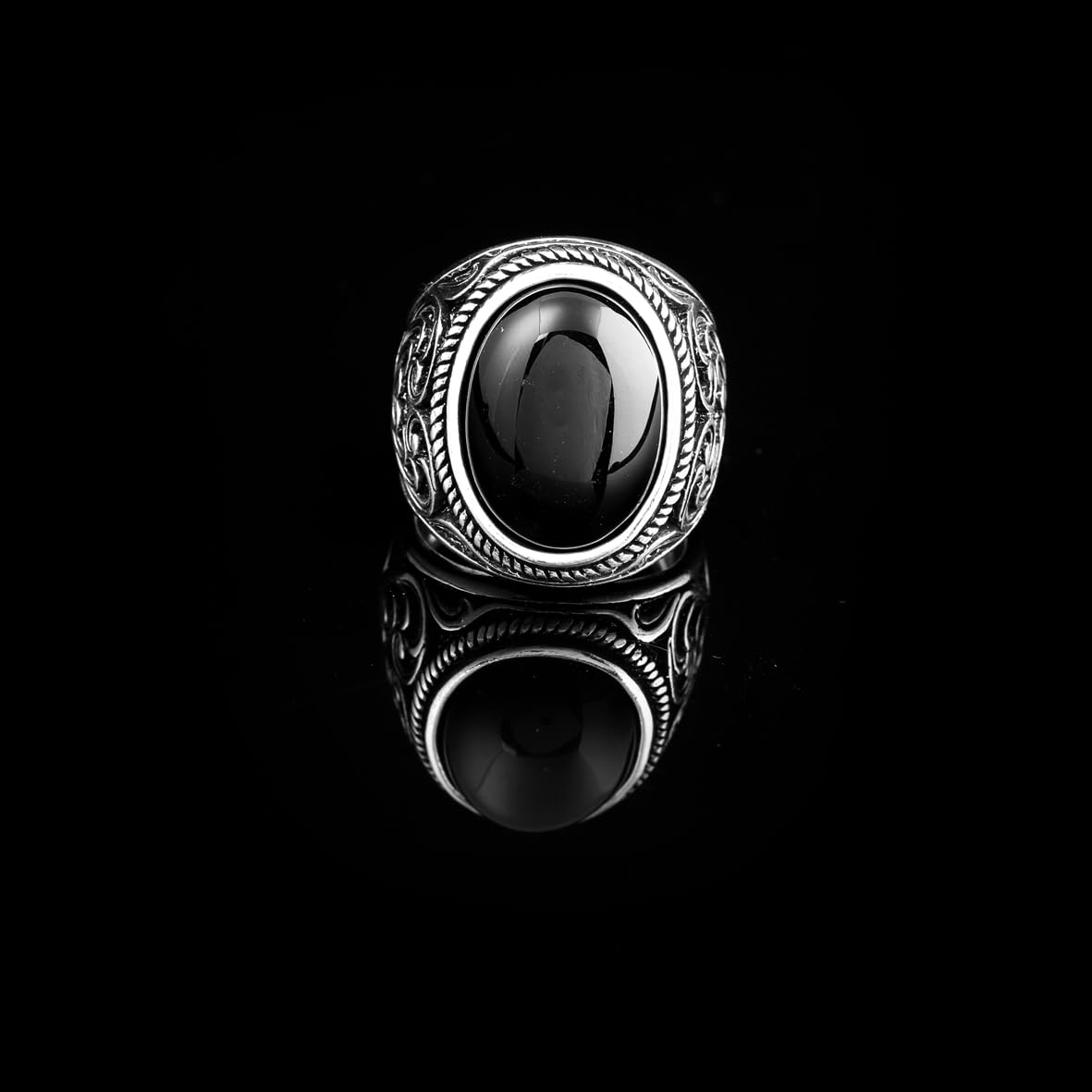 Vintage Ottoman Onyx Ring for Men with Ovale Gemstone – Handmade Sterling Silver Engagement Ring with Custom Engraving – Mens Silver Rings with Gift Silver Polishing Cloth