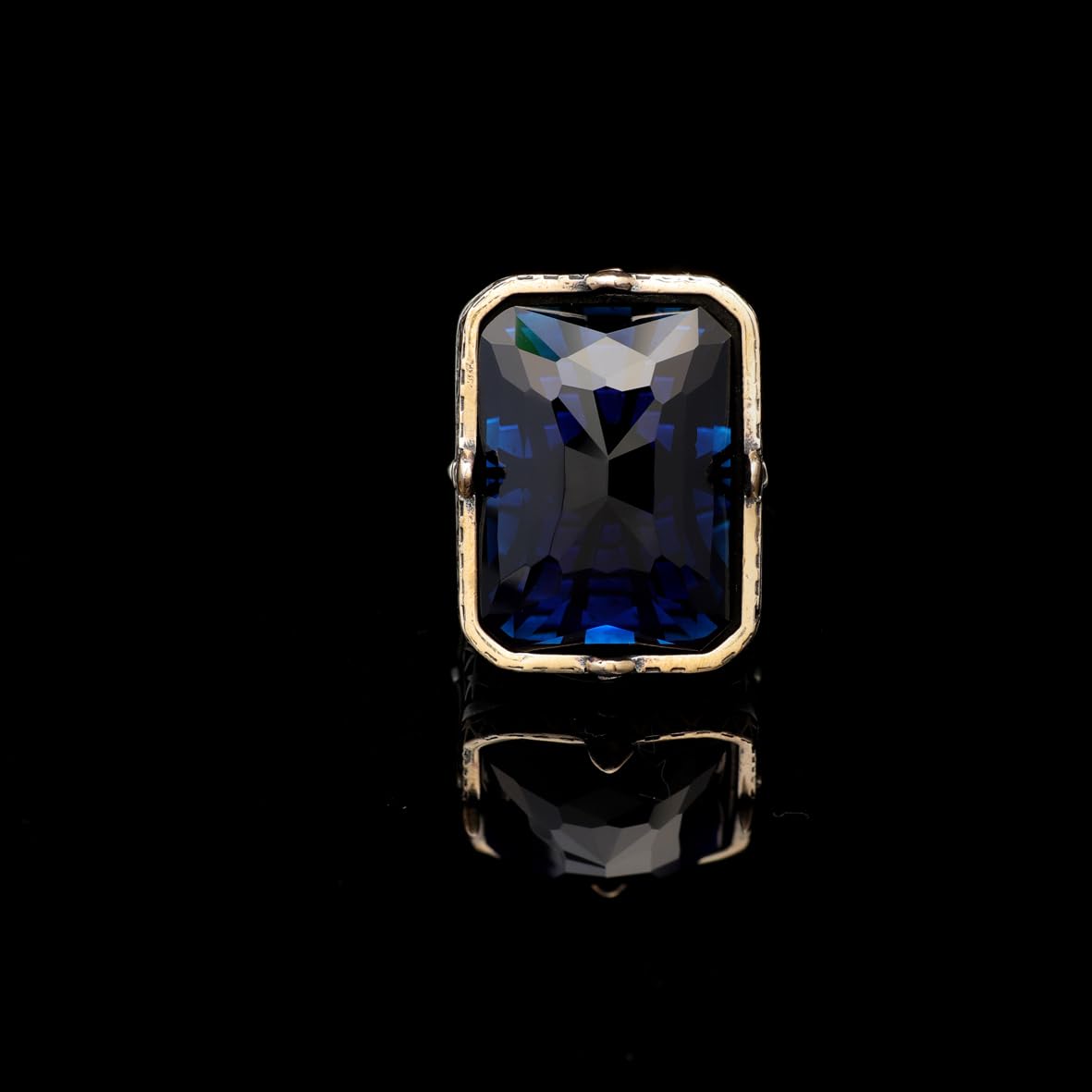 Vintage Large Blue Sapphire Ring for Men - 925 Sterling Silver Turkish Handmade Polished Engagement Ring with Silver Polishing Cloth Gift