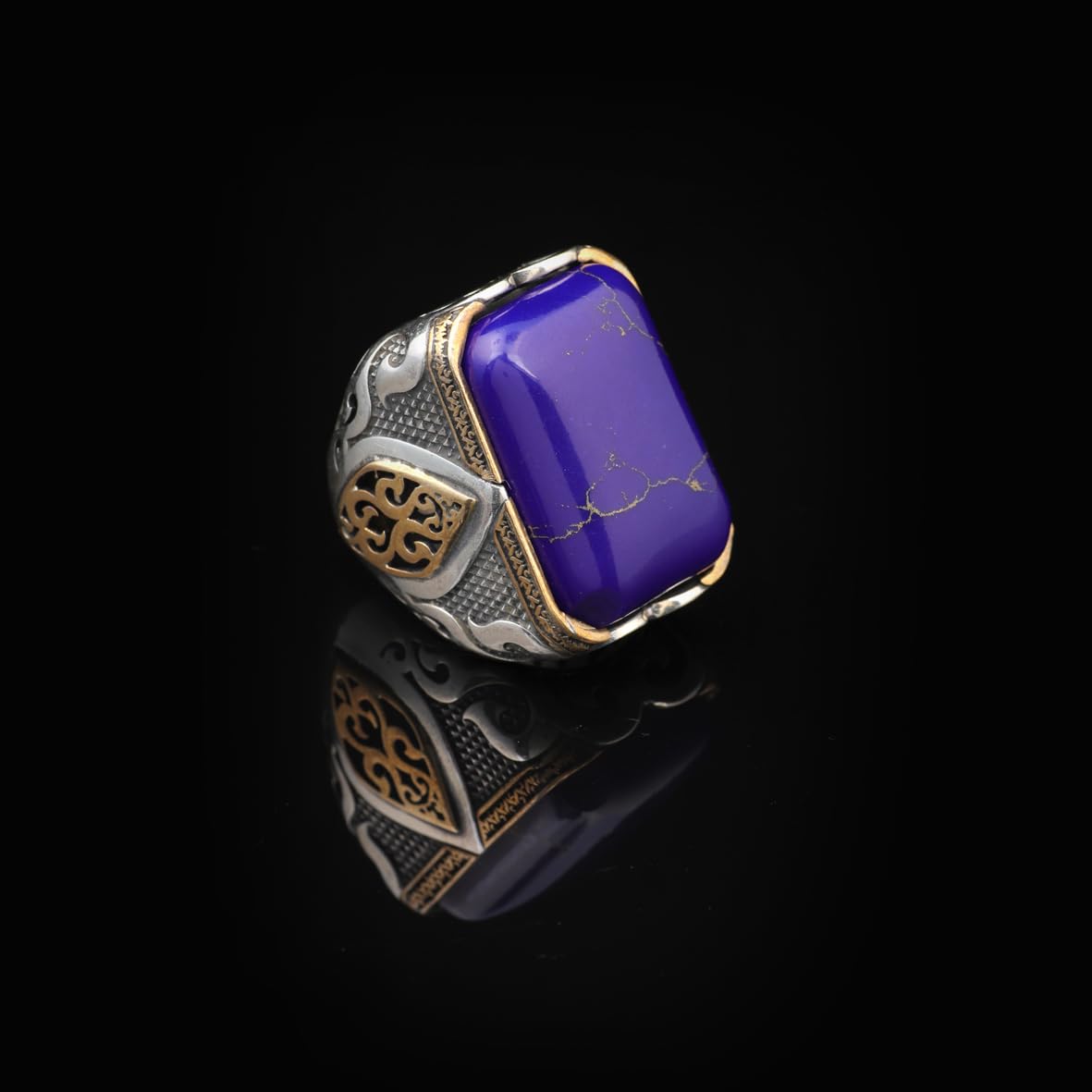 Lapis Lazuli Ring for Men - Handmade Ottoman Style Gemstone Ring with 925 Sterling Silver and Silver Polishing Cloth Gift