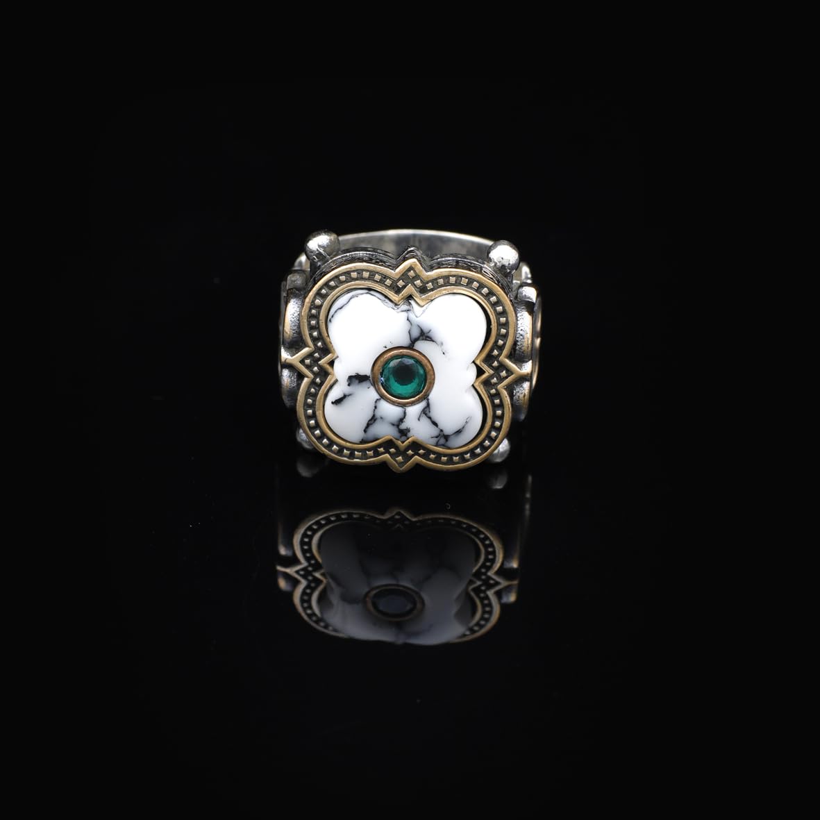 Genuine White Turquoise & Emerald Men's Ring