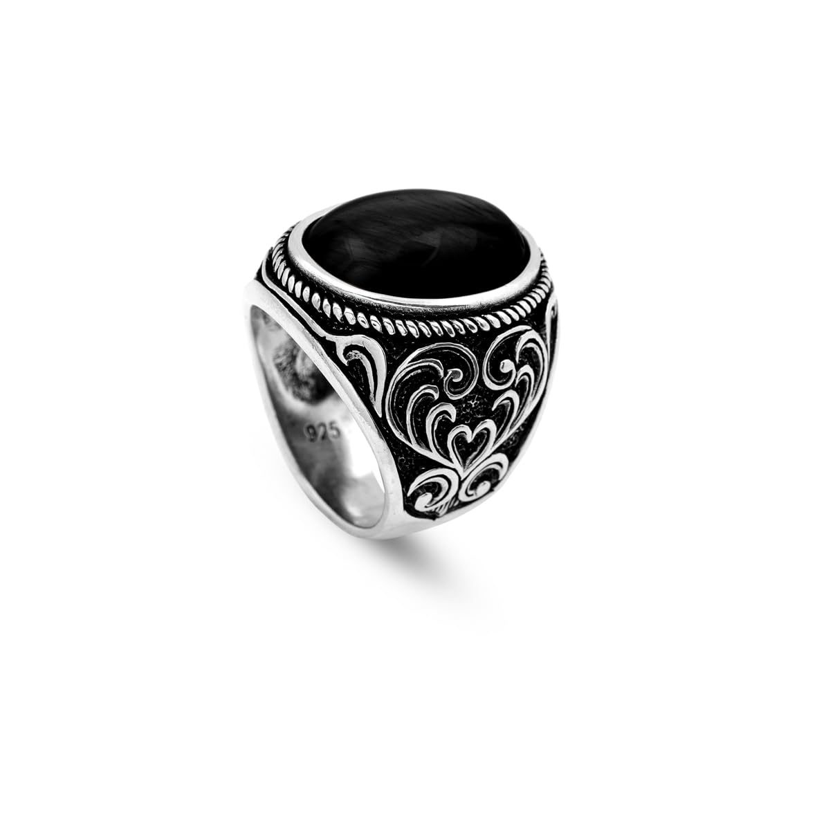 Vintage Ottoman Onyx Ring for Men with Ovale Gemstone – Handmade Sterling Silver Engagement Ring with Custom Engraving – Mens Silver Rings with Gift Silver Polishing Cloth