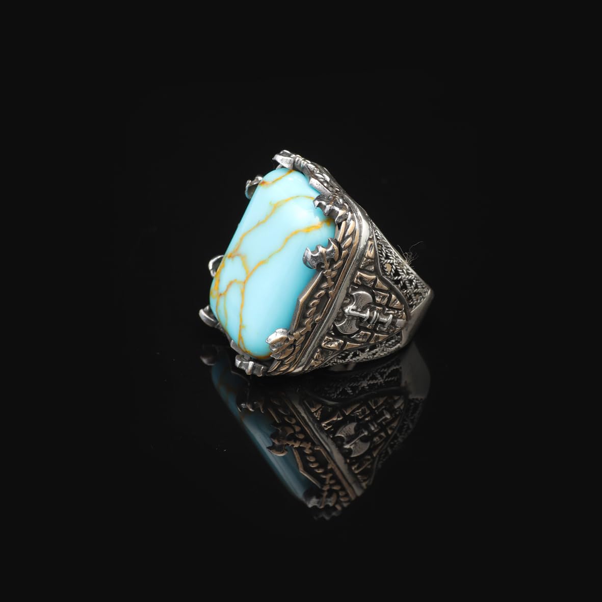 Vintage Large Turquoise Ax Ring for Men - 925 Sterling Silver Turkish Handmade Polished Engagement Ring with Silver Polishing Cloth Gift