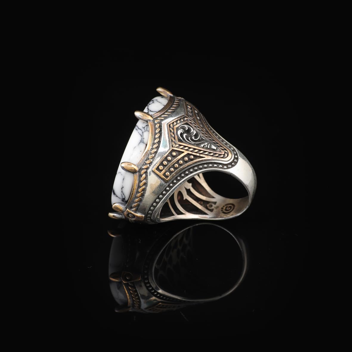 Handmade White Turquoise Large Ring with Oval Stone - Vintage Ottoman Men's 925 Sterling Silver Gemstone Ring - Silver Polishing Cloth Gift