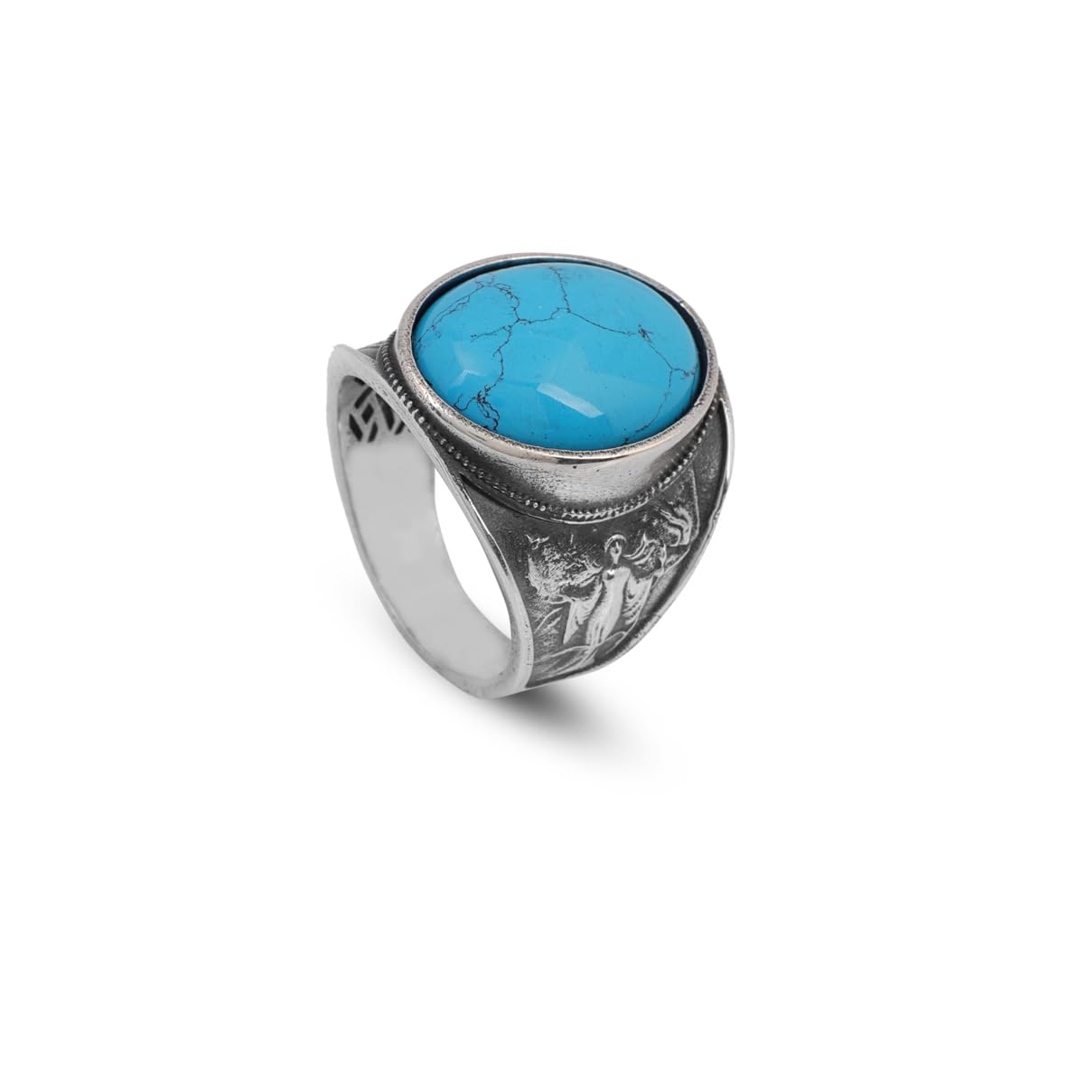 Virgin Mary Signet Ring with Genuine Turquoise - Vintage Oval Stone Gemstone Ring for Men