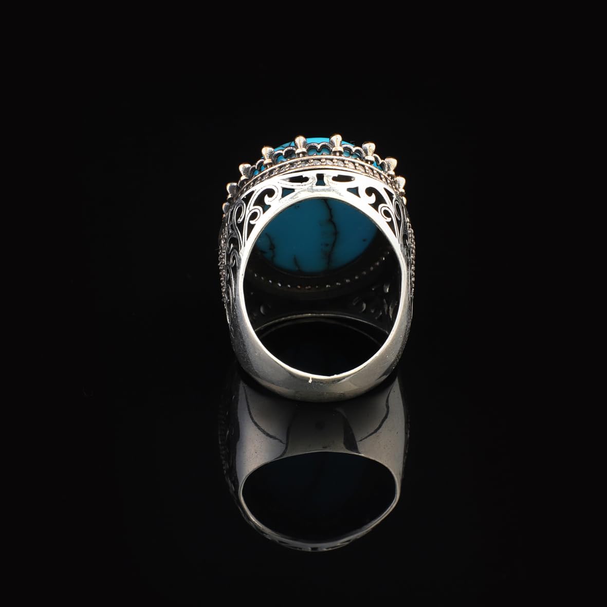 Men's Turquoise Ring with Micro Onyx Stone - Chunky Sterling Silver Gemstone Engagement Ring - Handmade Ottoman Style - Custom Engraving - Vintage Ring