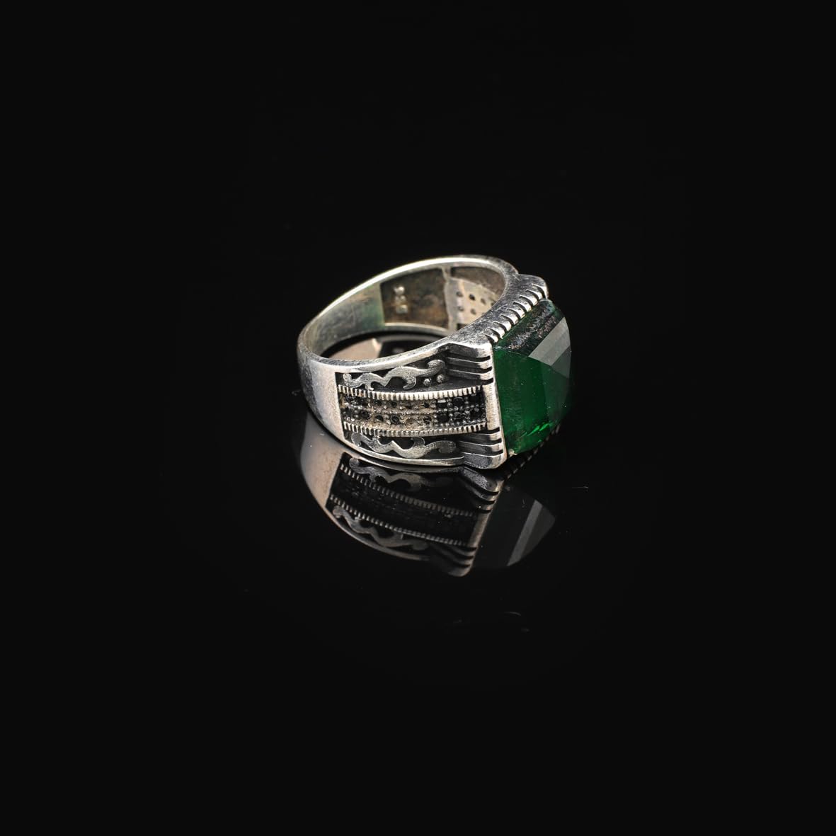 Handmade Jade Gemstone Square Stone Pinky Ring for Men Vintage 925 Sterling Silver