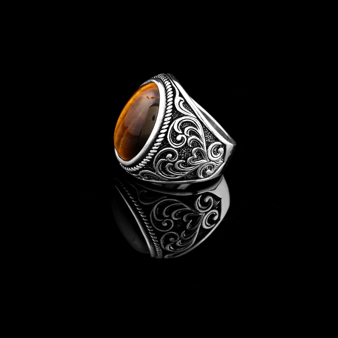 Tiger Eye Ring with Oval Gemstone – Ottoman Style Ring for Men in 925 Sterling Silver – Handmade Vintage Engagement Ring with Custom Engraving – Gift Silver Polishing Cloth