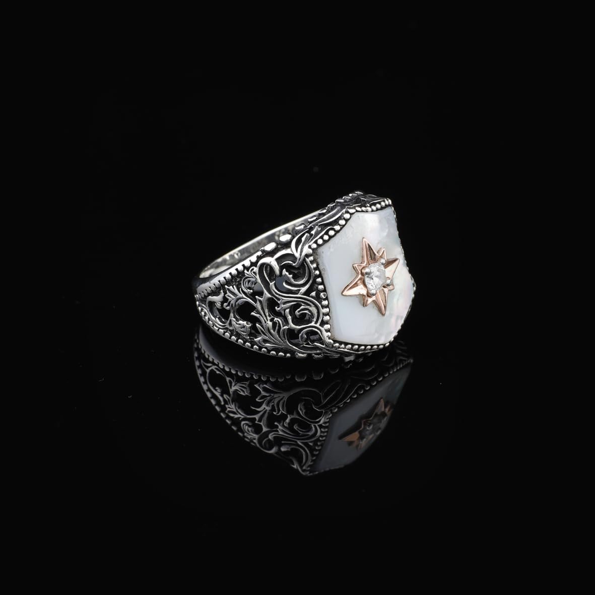 925 Sterling Silver Men's Ring - Handmade Mother of Pearl and Star Gemstone Ring with Polishing Cloth Gift