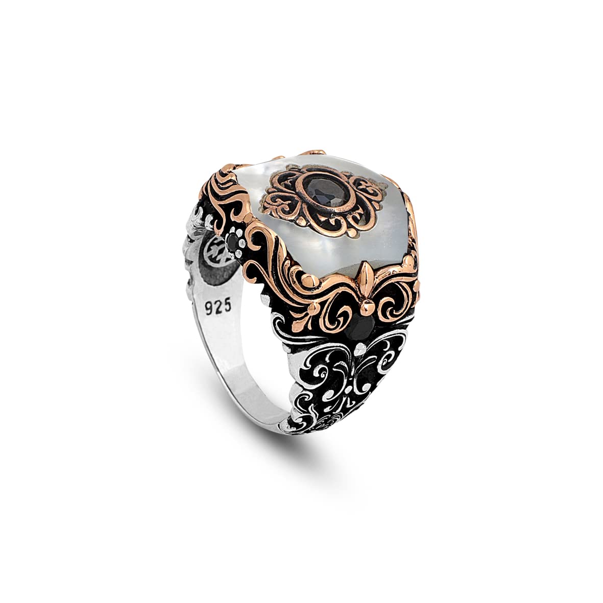 Vintage Ottoman Style Mother of Pearl and Onyx Silver Ring