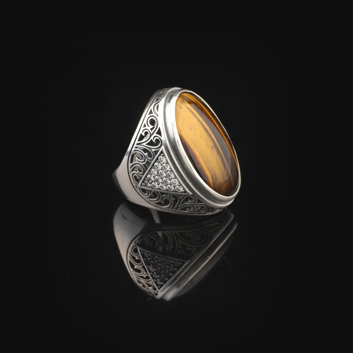 Tiger Eye Ring for Men – Large Chunky Sterling Silver Ottoman Ring with Micro Sapphire Stone