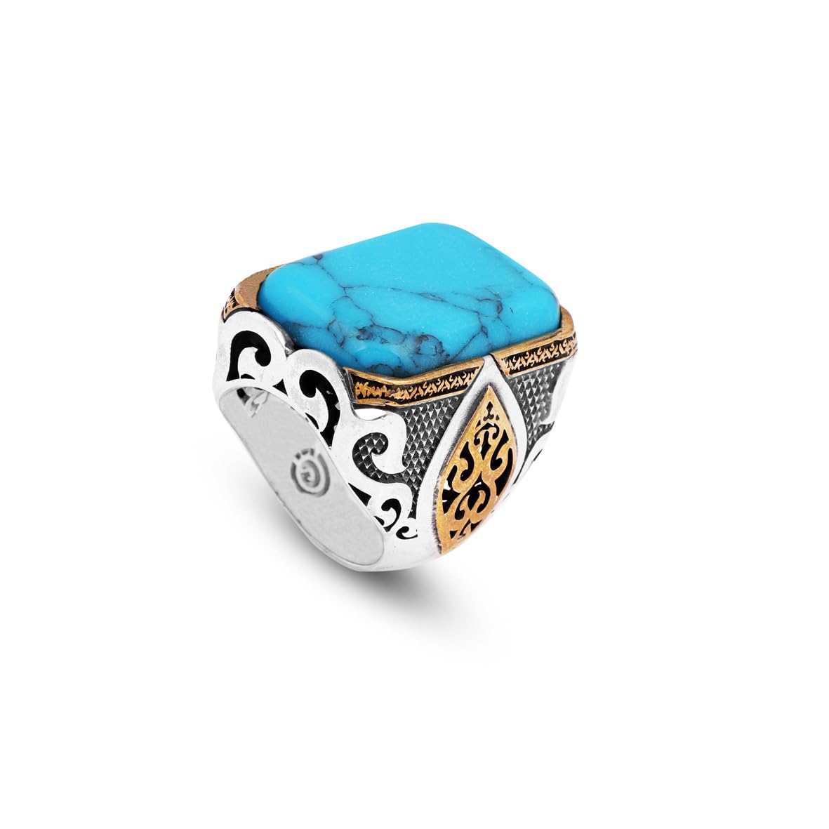Turquoise Ring - Large Gemstone Ottoman Vintage Handmade 925 Sterling Silver Men's Ring with Silver Polishing Cloth Gift