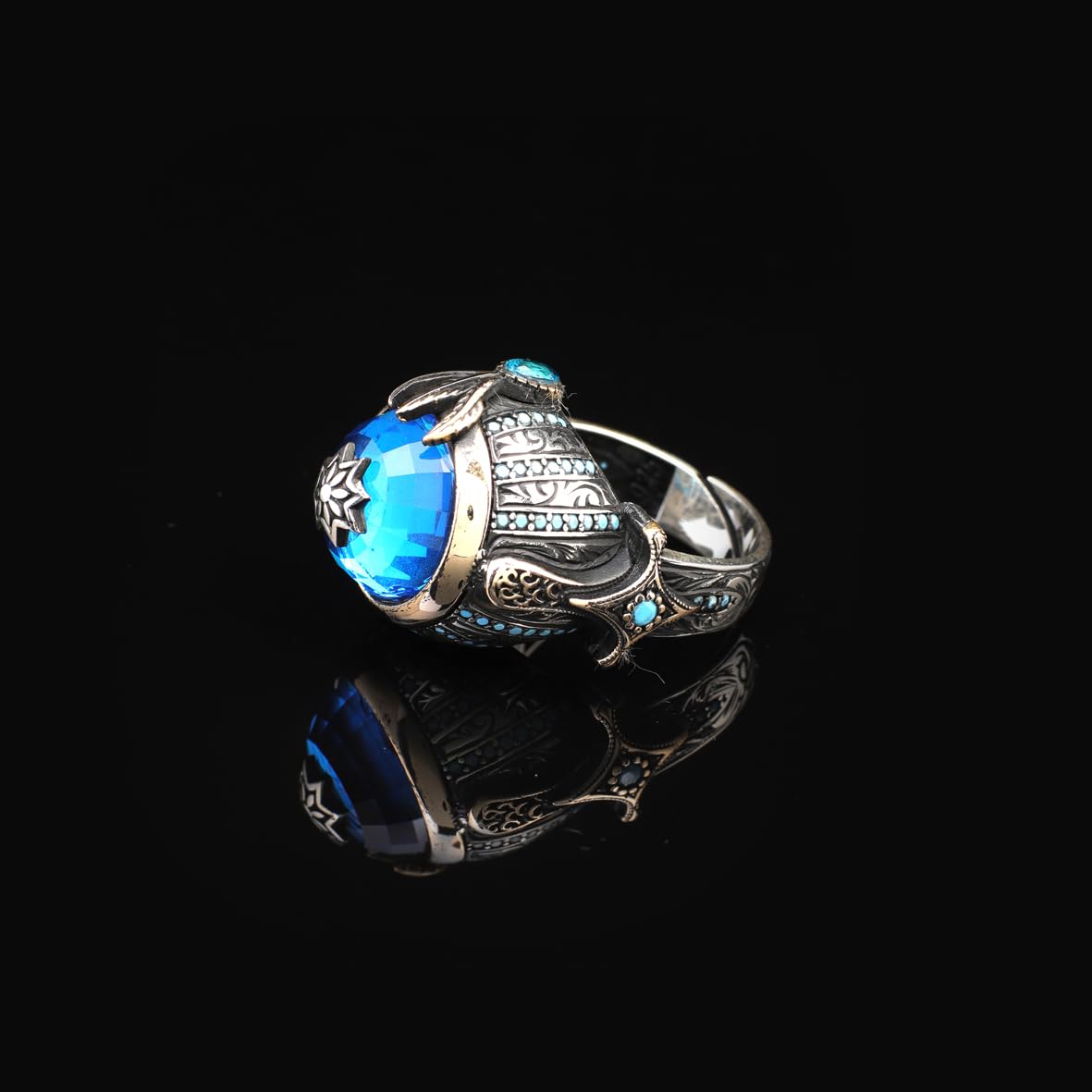 Handmade Aquamarine Gemstone Ottoman Style Sword Ring for Men Vintage 925 Sterling Silver
