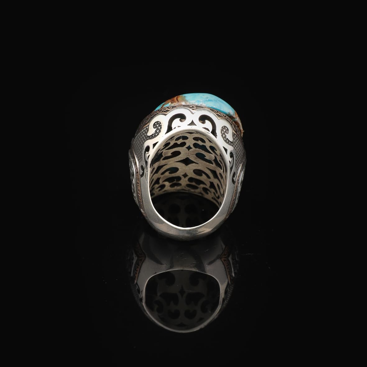 Vintage Genuine Turquoise Men's Ring - Large Oval Stone in 925 Sterling Silver