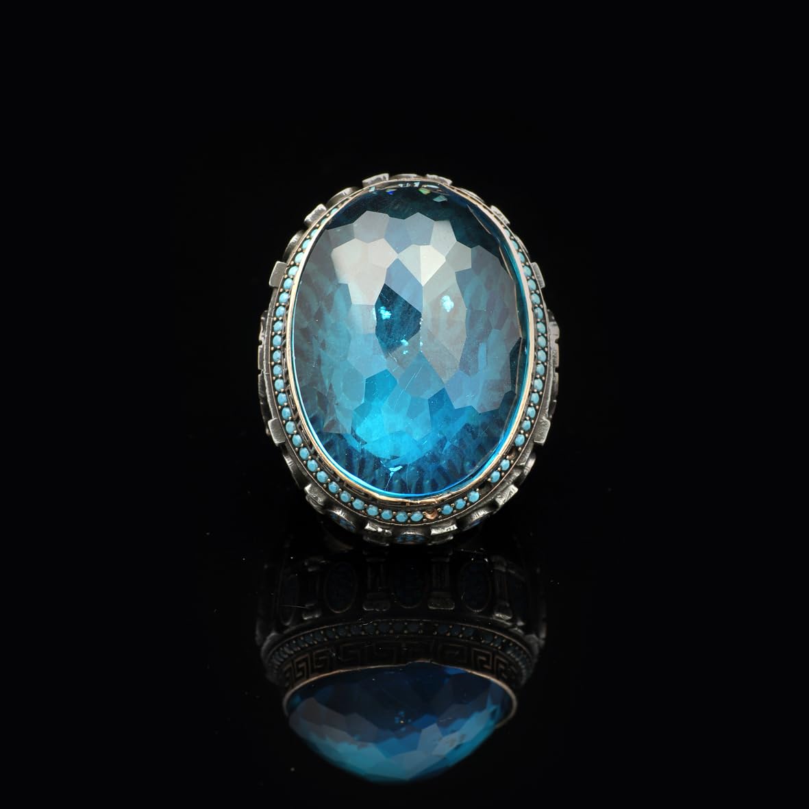 Aquamarine Ring with Micro Turquoise Stone – Large Oval Stone in Polished 925 Sterling Silver
