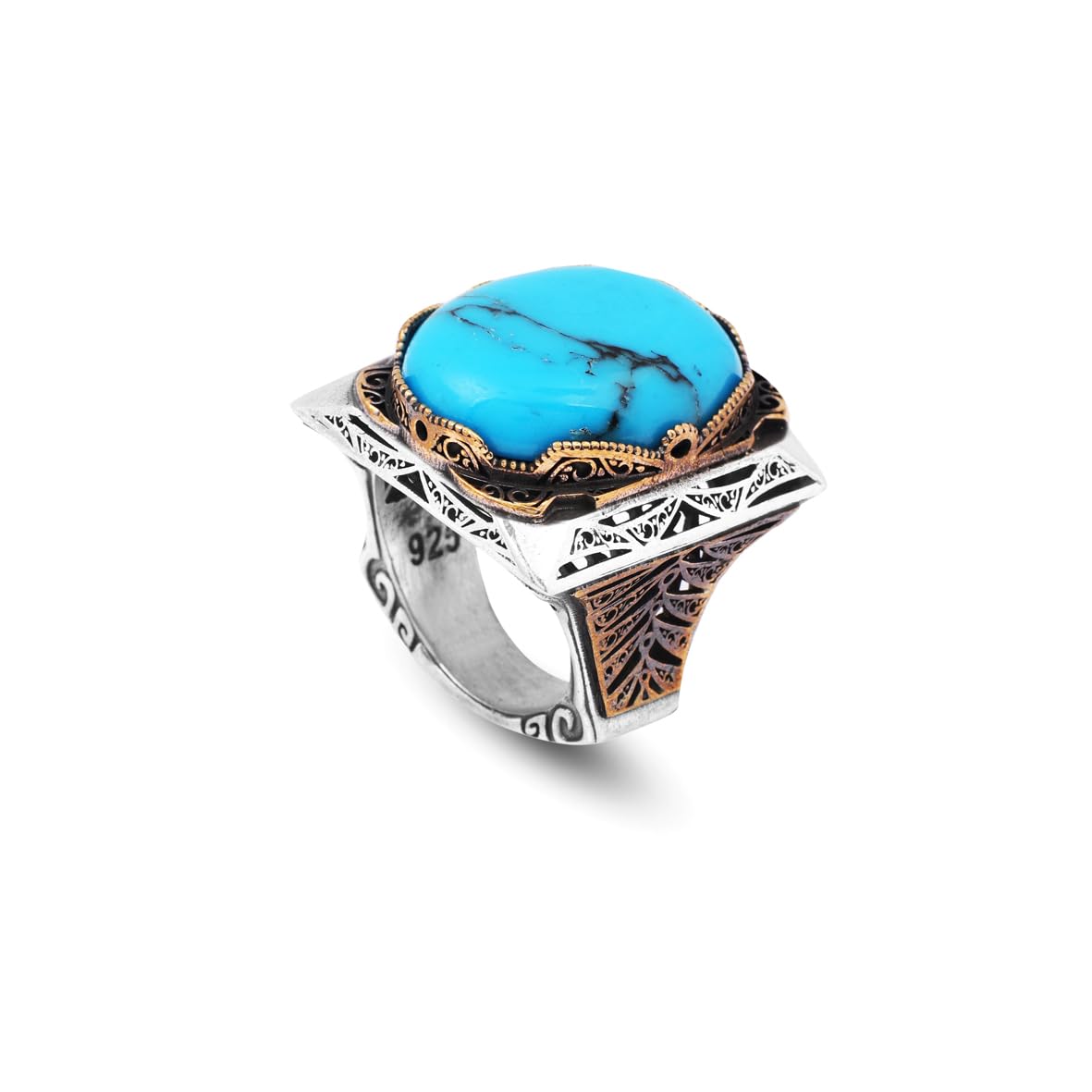 Handmade Turquoise Large Ring with Oval Stone - Vintage Ottoman Men's 925 Sterling Silver Gemstone Ring - Silver Polishing Cloth Gift