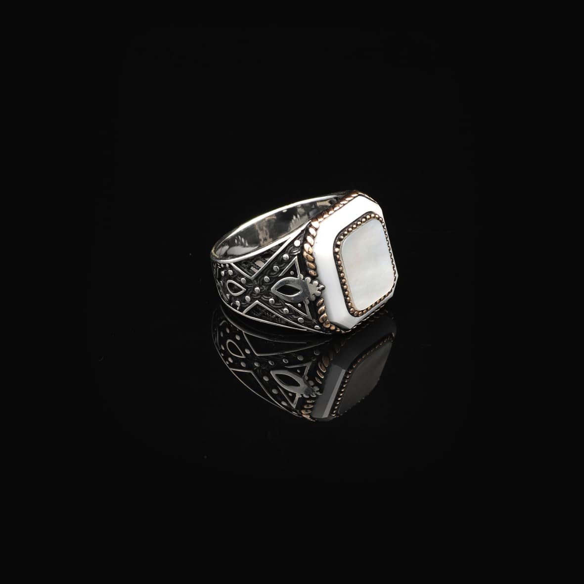 Handmade Vintage Men's Mother of Pearl Gemstone Ring - 925 Sterling Silver Turkish Engagement Ring - Polished Finish with Silver Polishing Cloth Gift