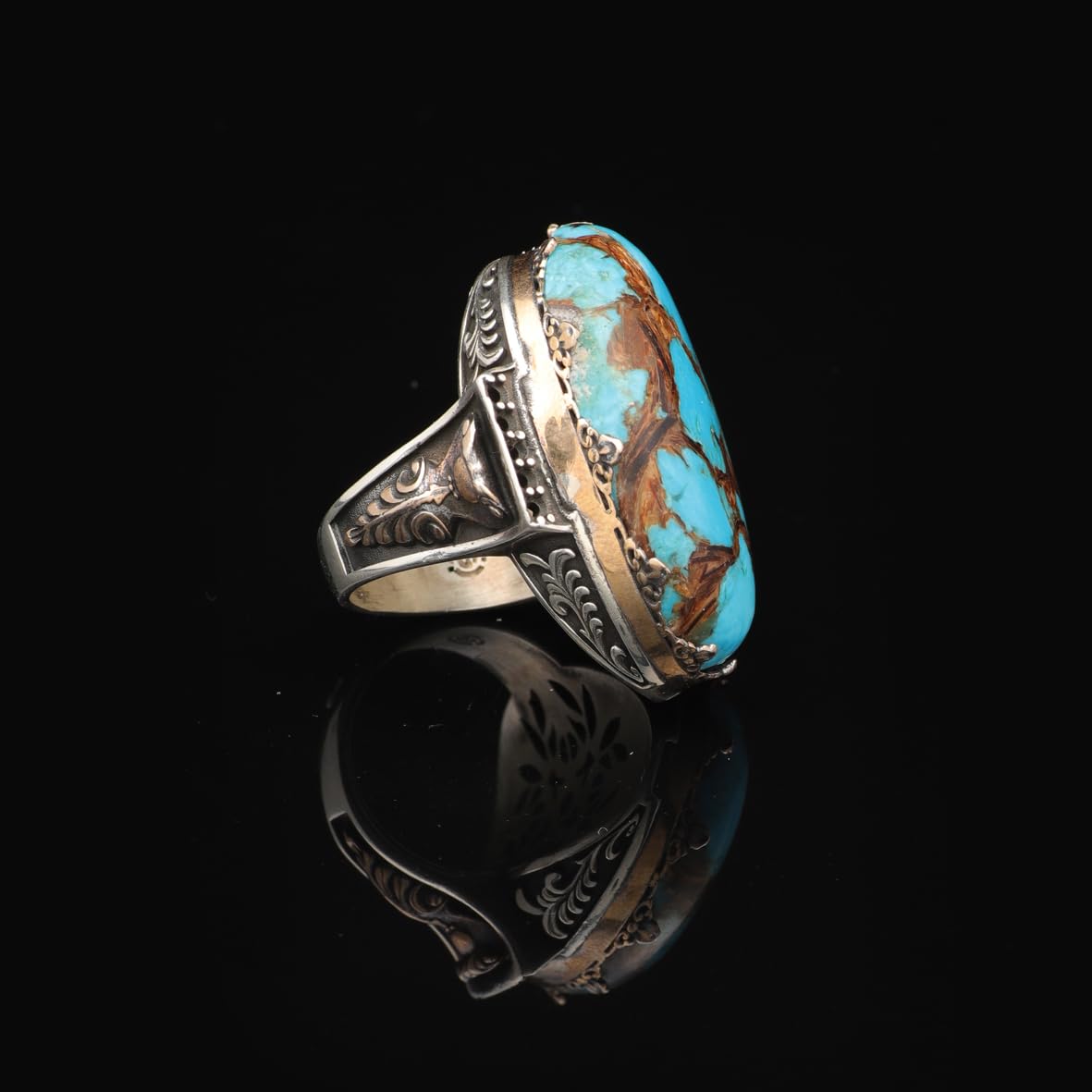 Special Turquoise Men’s Ring with Large Oval Stone – Vintage 925 Sterling Silver Ring