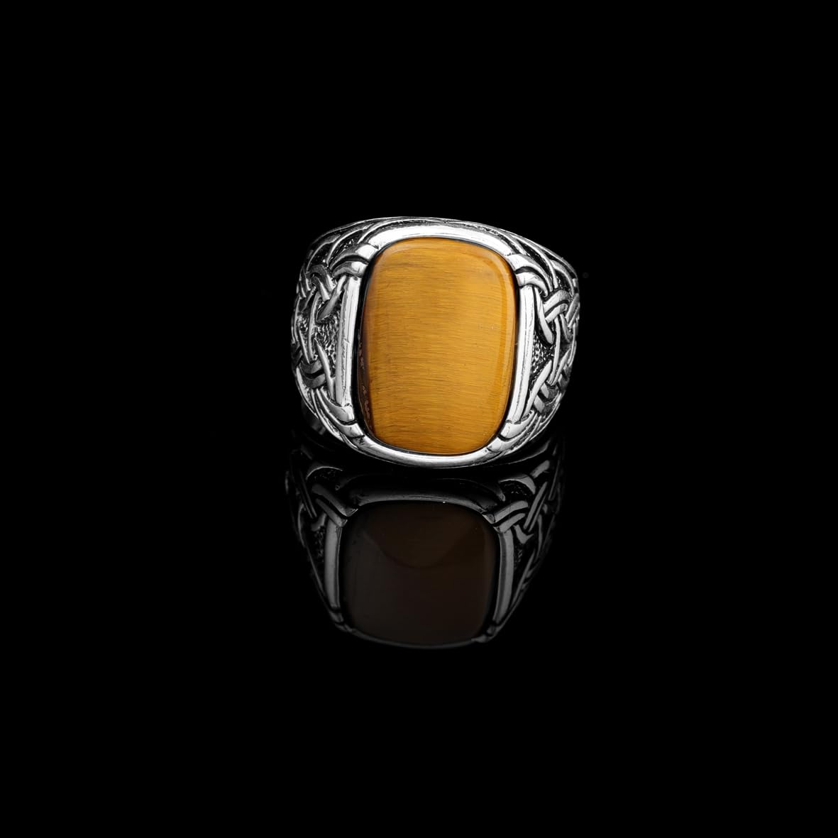 Tiger Eye Ottoman Signet Ring for Men – Vintage Sterling Silver Gemstone Engagement Ring – Handmade Custom Engraved Mens Ring with Gift Silver Polishing Cloth