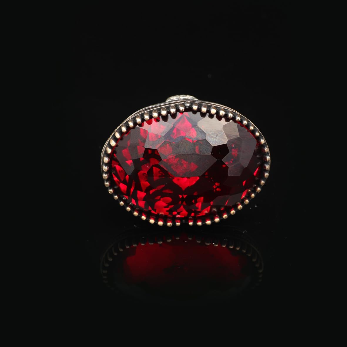 Men's 925 Sterling Silver Garnet Ring - Large Oval Vintage Stone