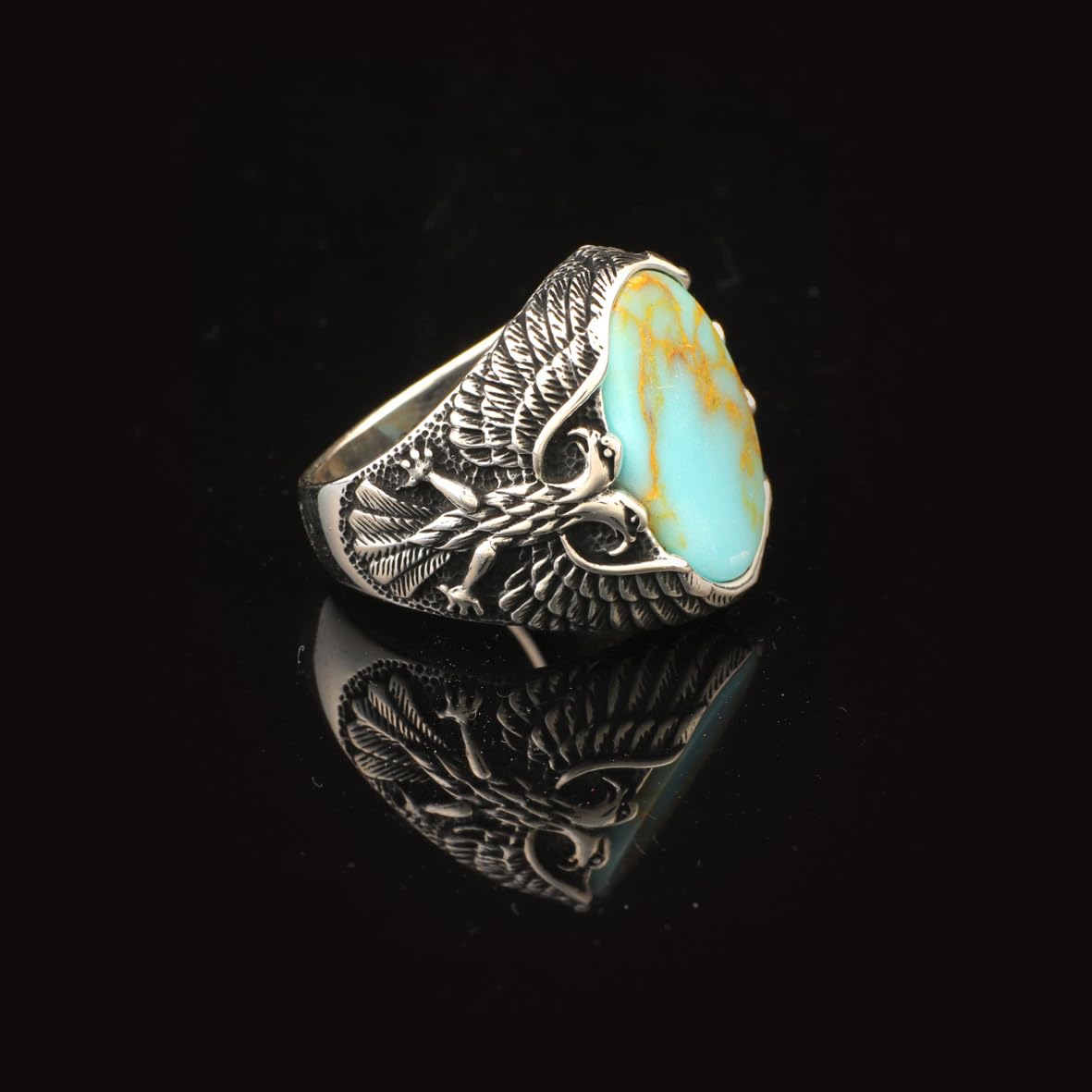 Mens Turquoise Eagle Ring Ottoman Vintage Ring Sterling Silver Ring Pinky Ring Promise Ring for Him Silver Signet Ring Gemstone