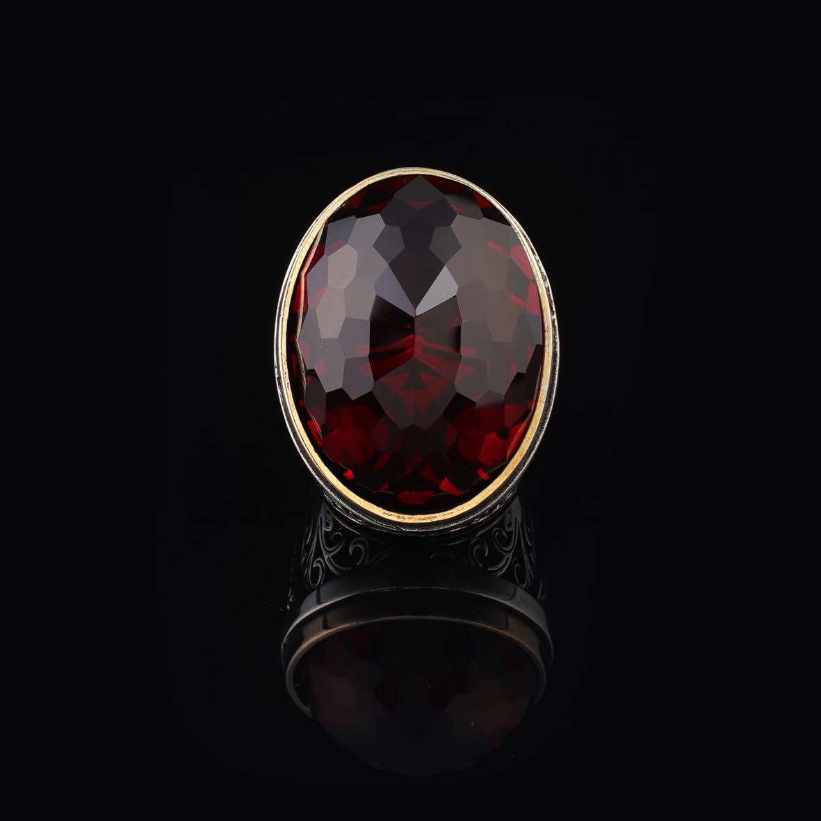 Men’s Chunky Sterling Silver Garnet and Micro Sapphire Ring – Handmade Ottoman Gemstone Ring with Vintage Design