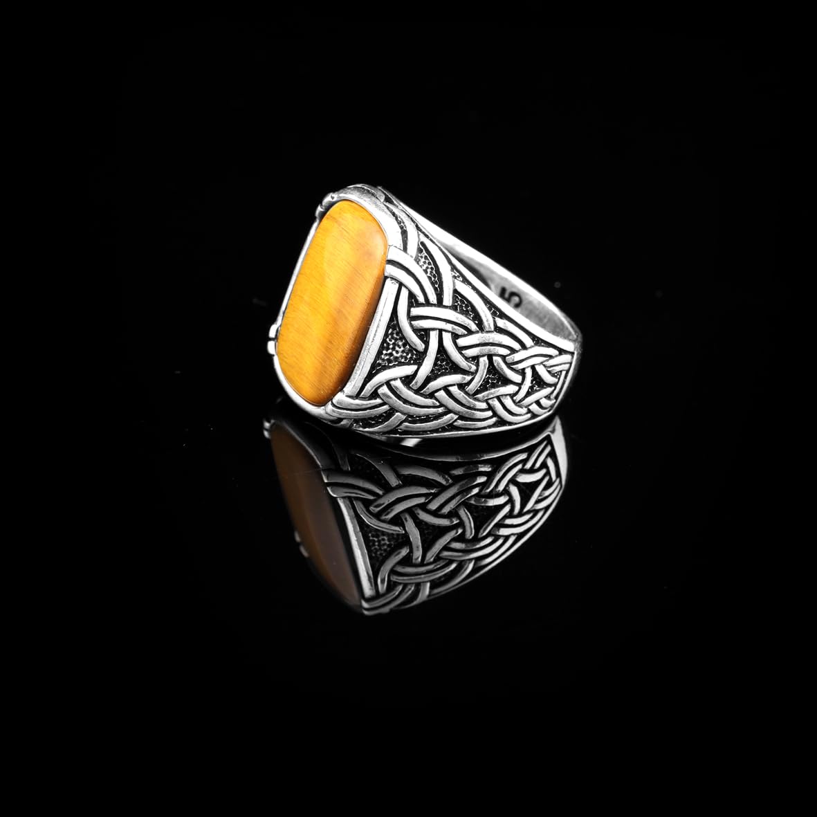 Tiger Eye Ottoman Signet Ring for Men – Vintage Sterling Silver Gemstone Engagement Ring – Handmade Custom Engraved Mens Ring with Gift Silver Polishing Cloth