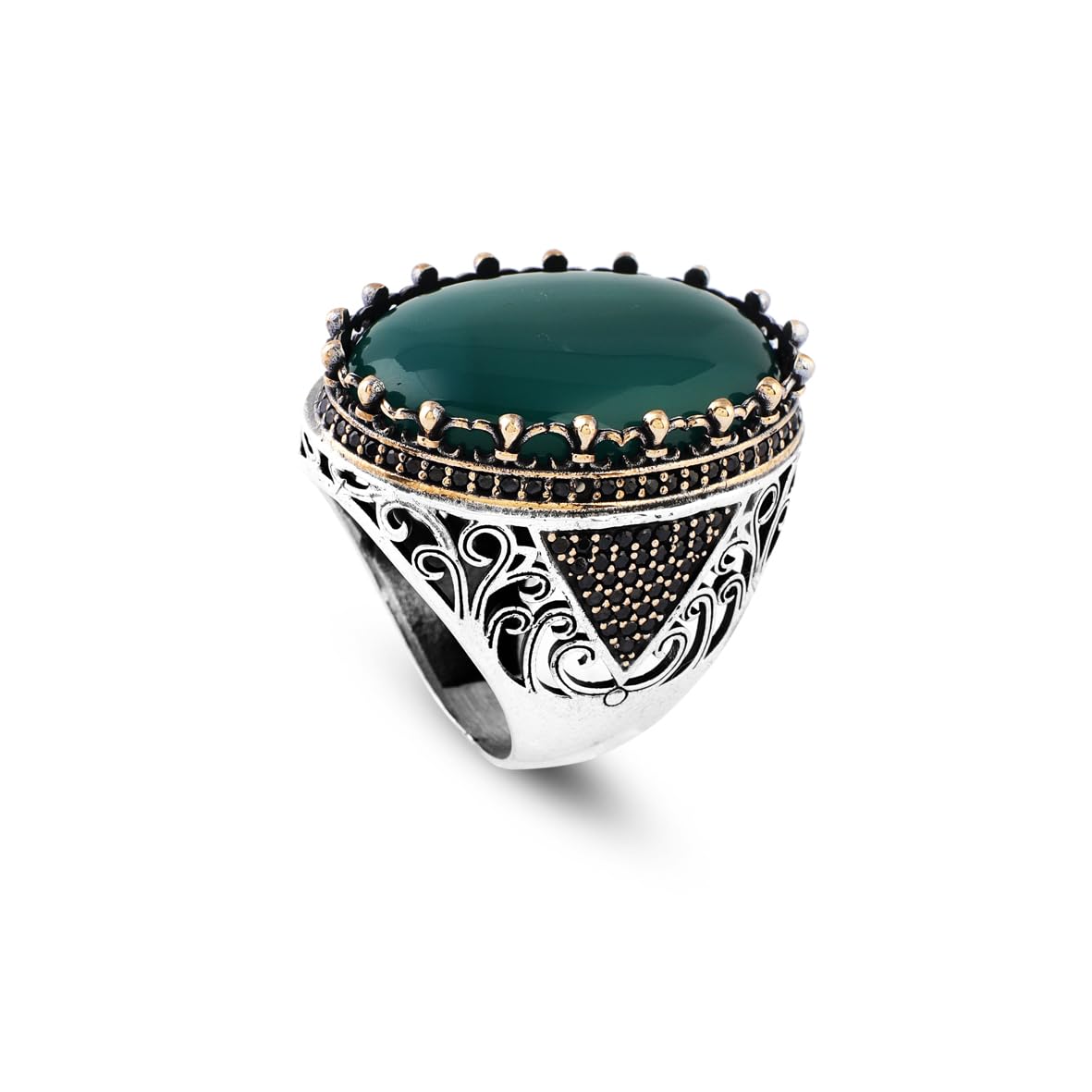 Handmade Vintage Jade Ring with Micro Onyx Stone - Chunky Sterling Silver Engagement Ring for Men - Custom Engraving Available - Ottoman Style with Gift Silver Polishing Cloth