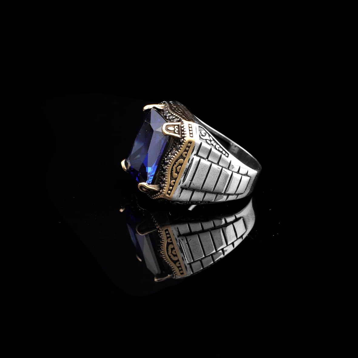 Sapphire Ring Watch Band Style – Vintage Gemstone Signet in 925 Sterling Silver for Men – Handmade Engagement Ring with Custom Engraving & Gift Silver Polishing Cloth