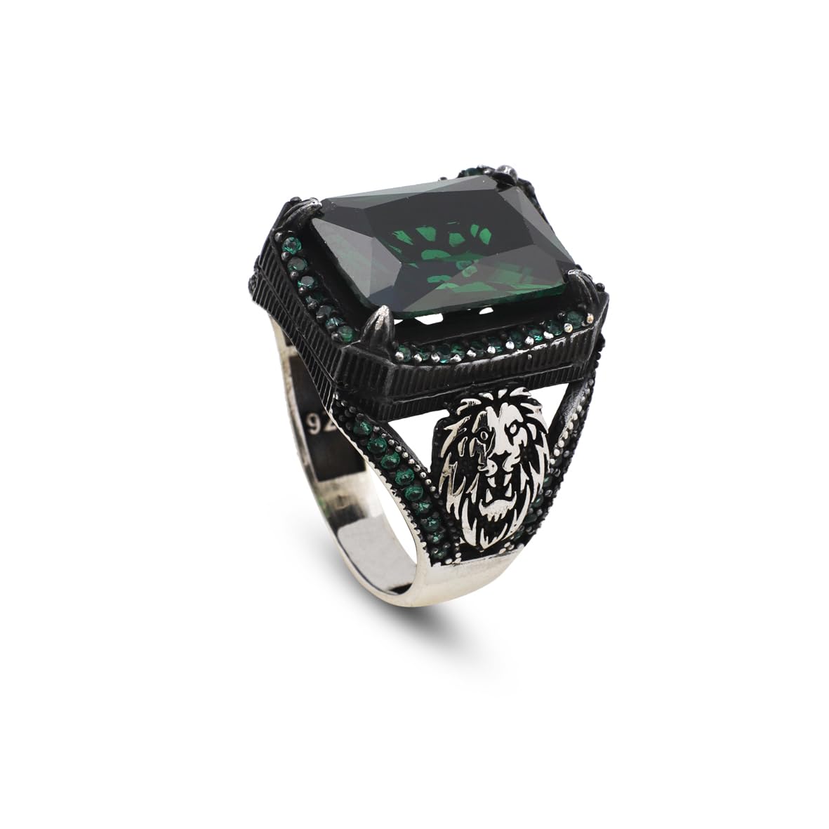 Handmade 925 Sterling Silver Lion Ring for Men - Emerald Gemstone
