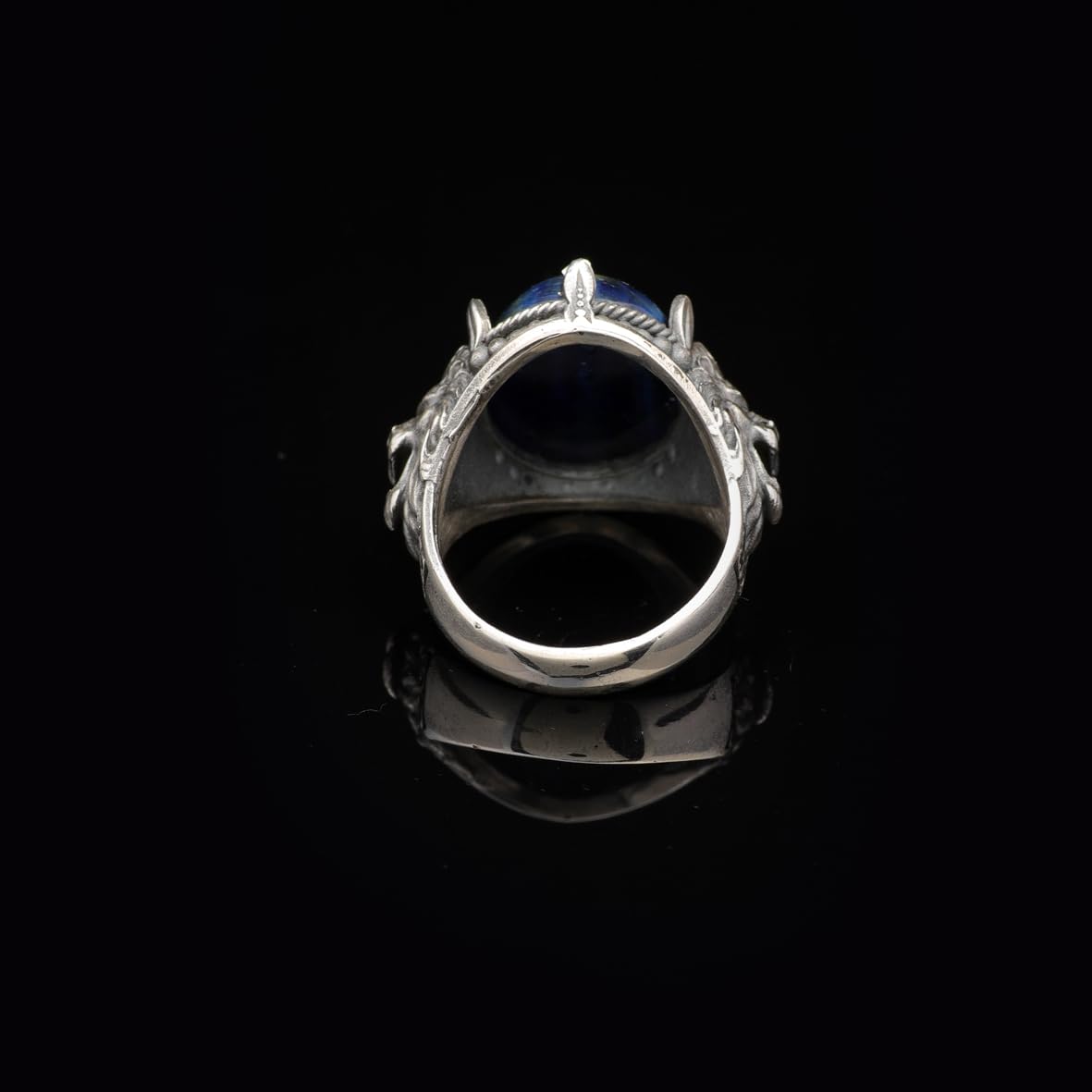 Men's 925 Sterling Silver Lion Ring with Blue Tiger Eye Oval Stone - Handmade Vintage Signet Ring