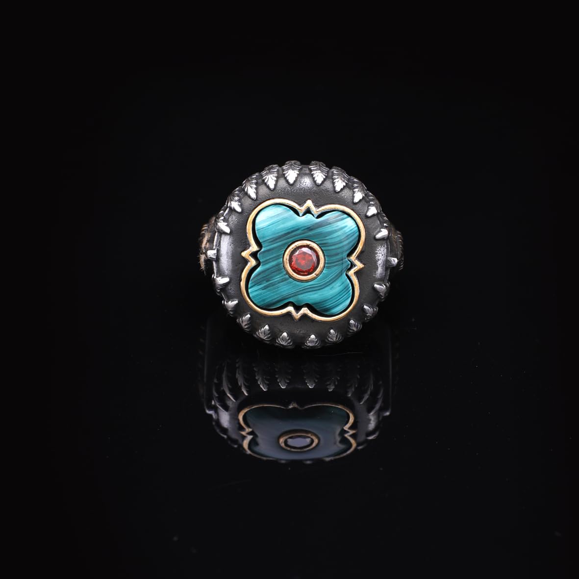 Handmade Malachite and Ruby Knife Ring with Micro Stone Jewelery- Vintage 925 Sterling Silver Rings for Men - Includes Silver Polishing Cloth Gift