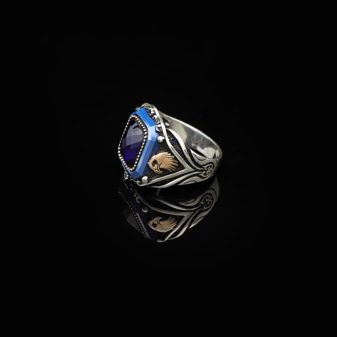 Vintage Blue Tiger Eye Ring with Eagle Design - Handmade 925 Sterling Silver Men's Gemstone Engagement Ring