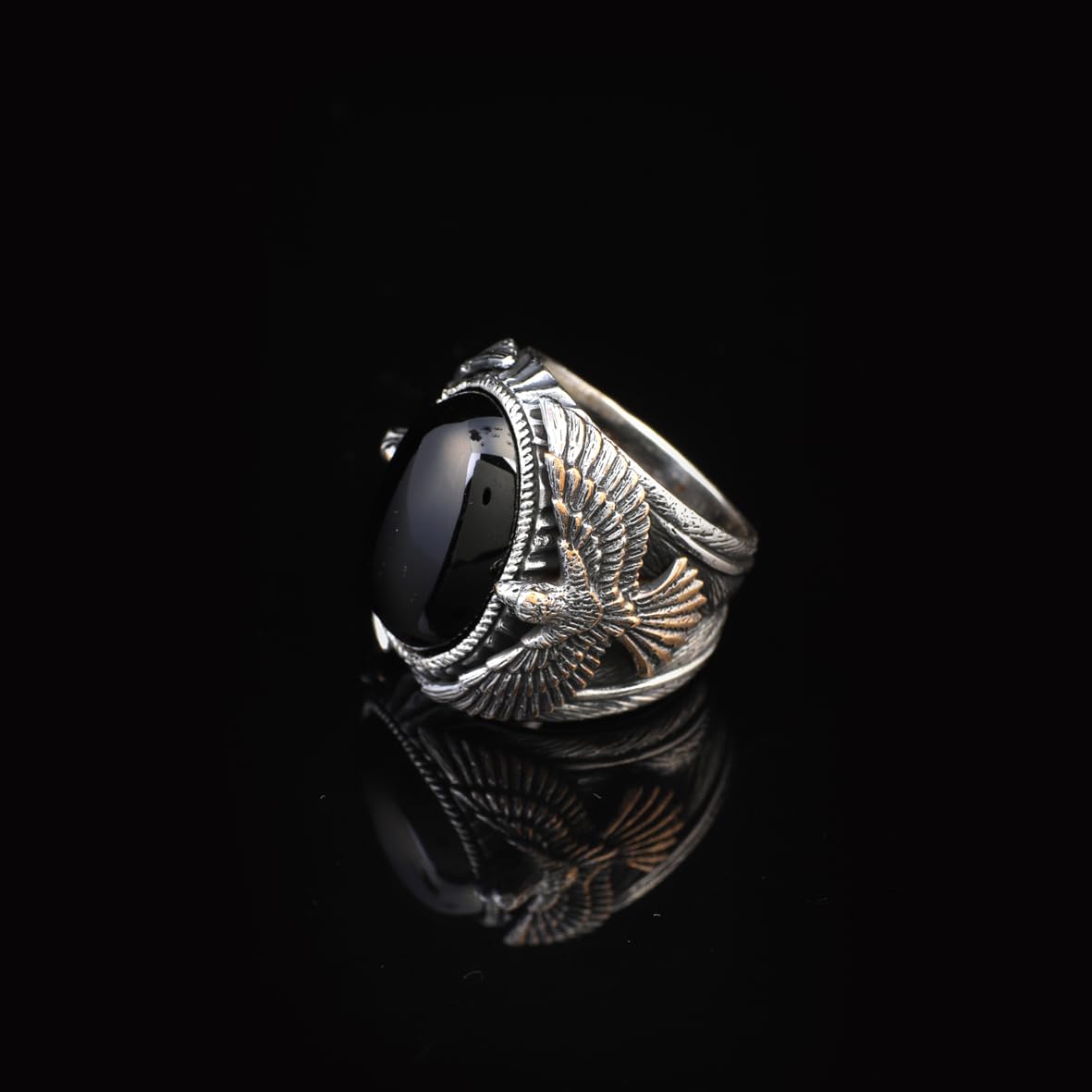 Handmade Onyx Gemstone Eagle Large Ring for Men Vintage 925 Sterling Silver