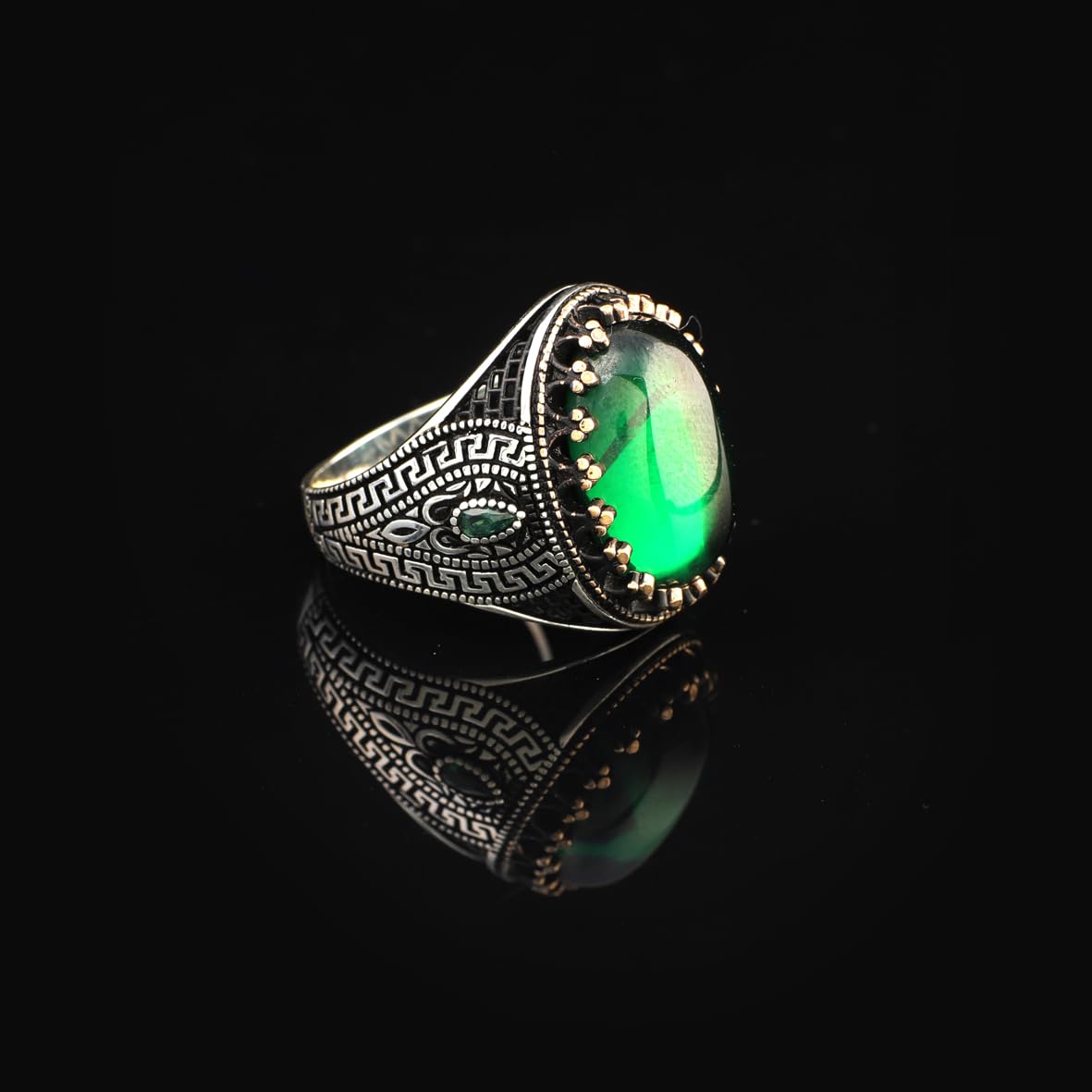 Mens Jade Ring – Handmade Ottoman Style Oval Gemstone Sterling Silver Ring