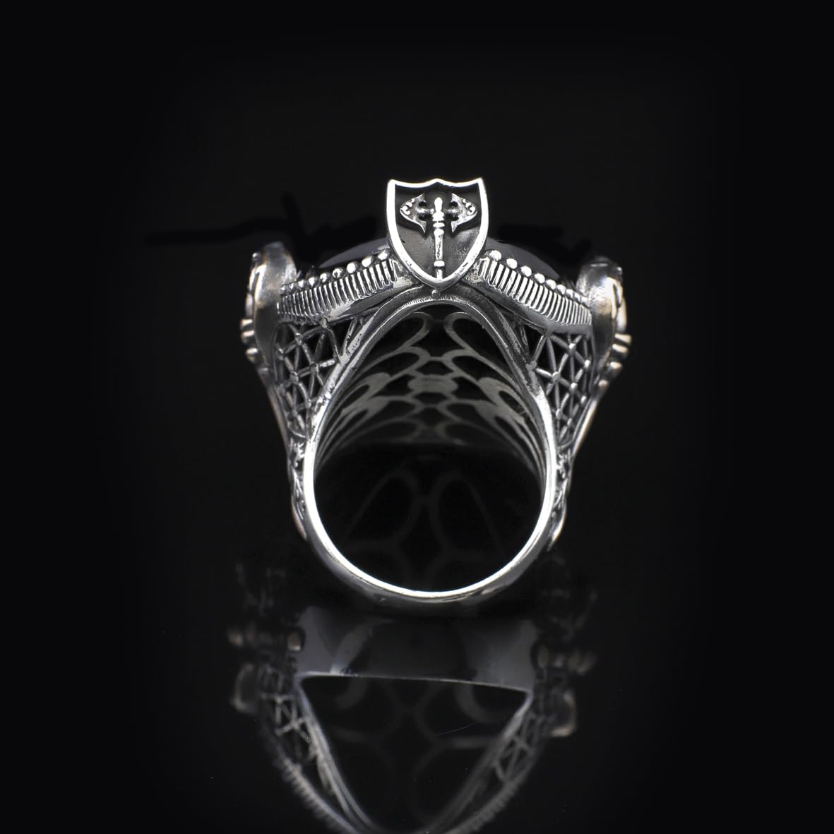Handmade Large Black Onyx Ax Ring - 925 Sterling Silver Men's Gemstone Jewelry with Silver Polishing Cloth Gift