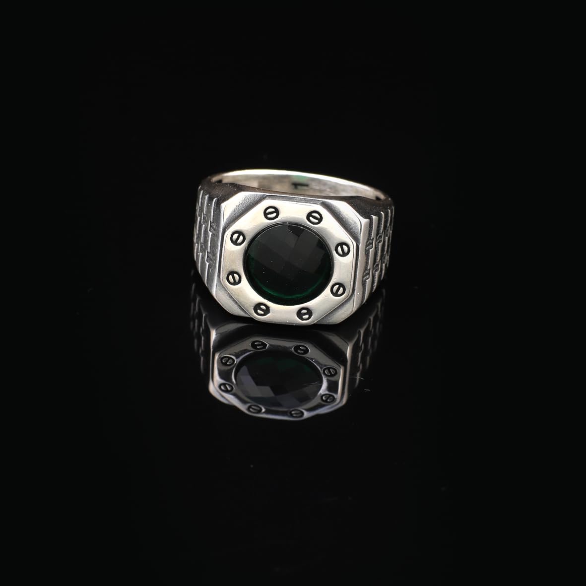 Handmade Emerald Gemstone Watch Band Engagement Ring for Men Vintage 925 Sterling Silver