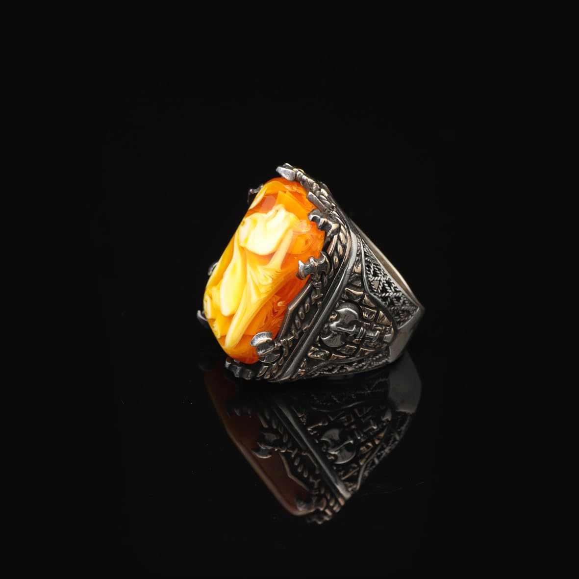 Vintage Large Squeezing Amber Axe Ring for Men - 925 Sterling Silver Turkish Handmade Polished Engagement Ring with Silver Polishing Cloth Gift