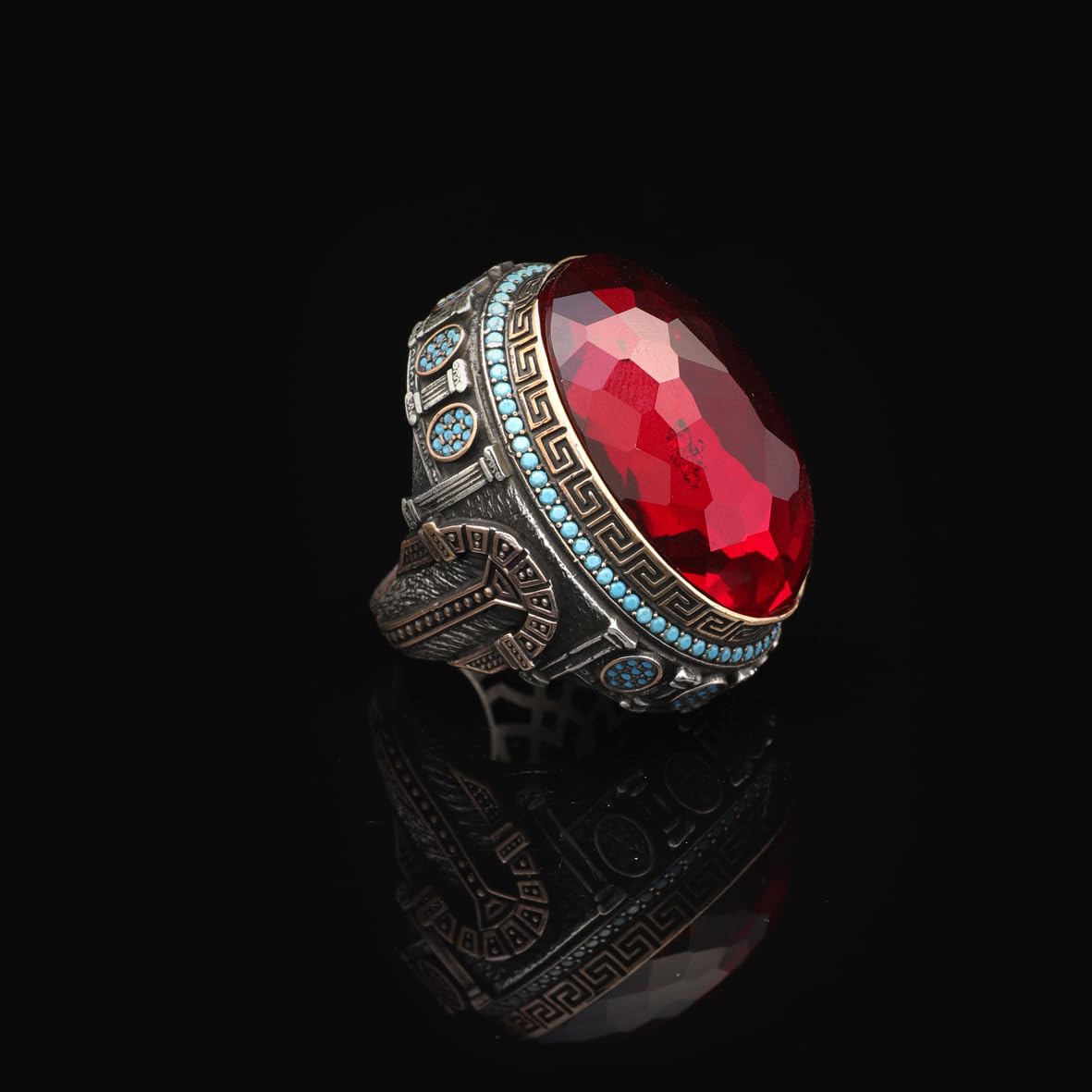 Garnet and Micro Turquoise Ring – Large Oval Vintage Men’s Ring in Polished 925 Sterling Silver