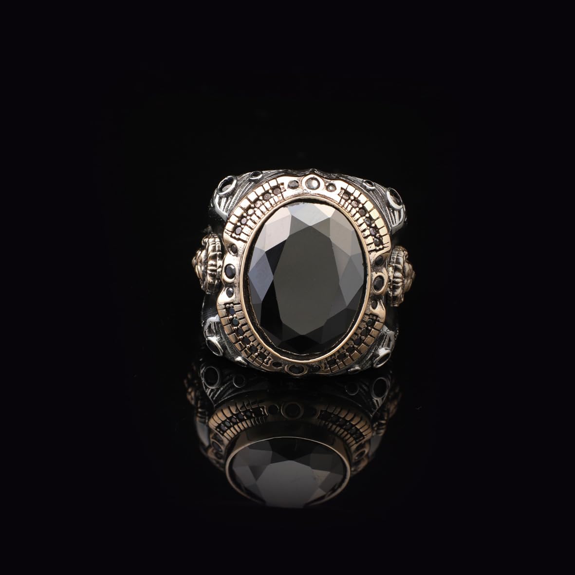 Men’s Lion Ring with Onyx Gemstone – Handmade Vintage Sterling Silver Animal Ring – Custom Engraved Engagement Signet Ring – Gift Silver Polishing Cloth Included