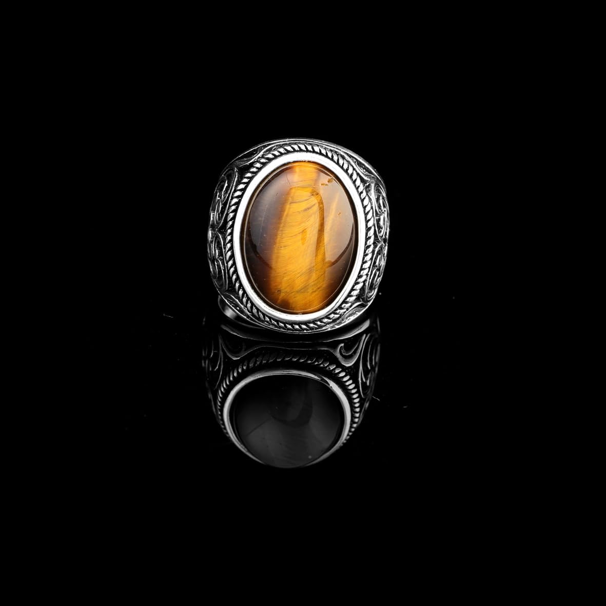 Tiger Eye Ring with Oval Gemstone – Ottoman Style Ring for Men in 925 Sterling Silver – Handmade Vintage Engagement Ring with Custom Engraving – Gift Silver Polishing Cloth