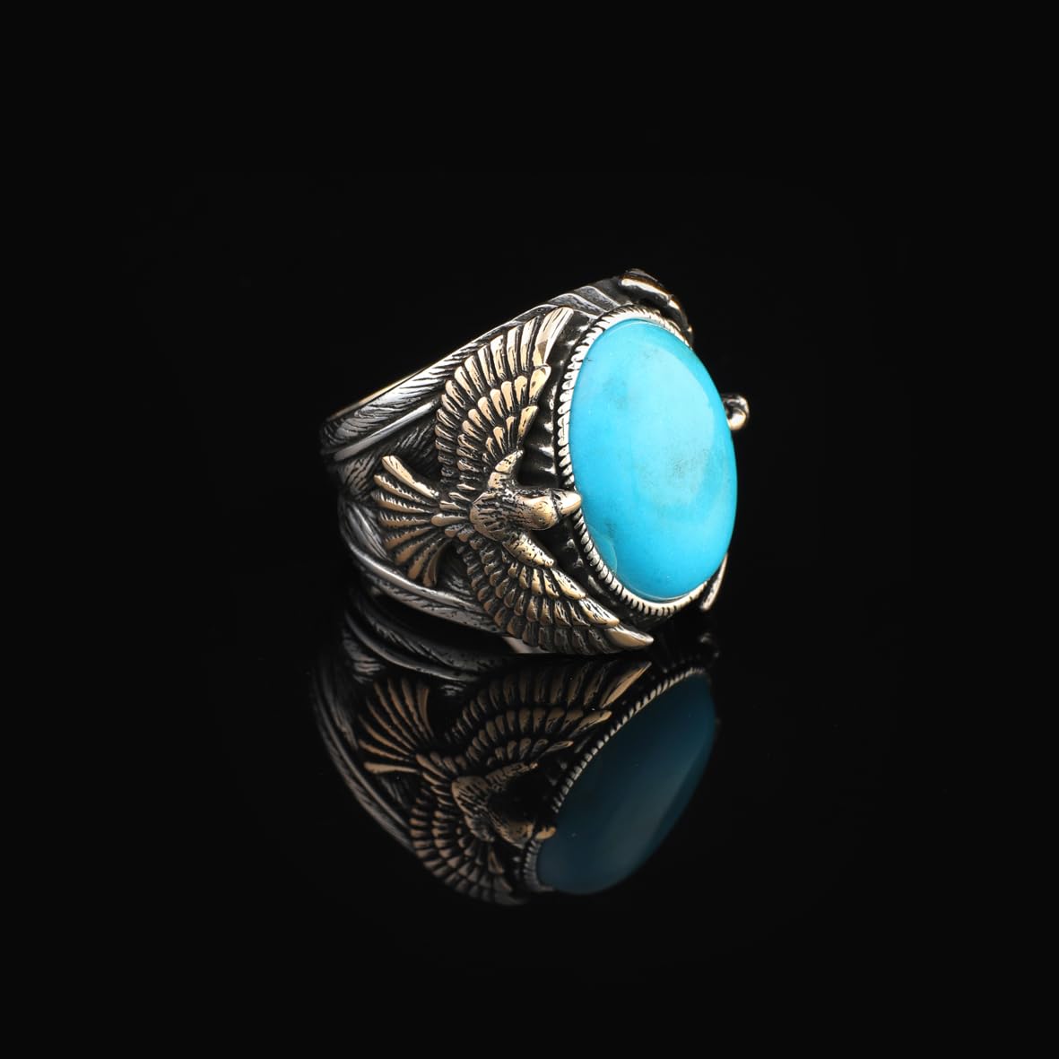 Mens Turquoise Eagle Ring – Vintage Animal Signet Ring with Gemstone in Sterling Silver