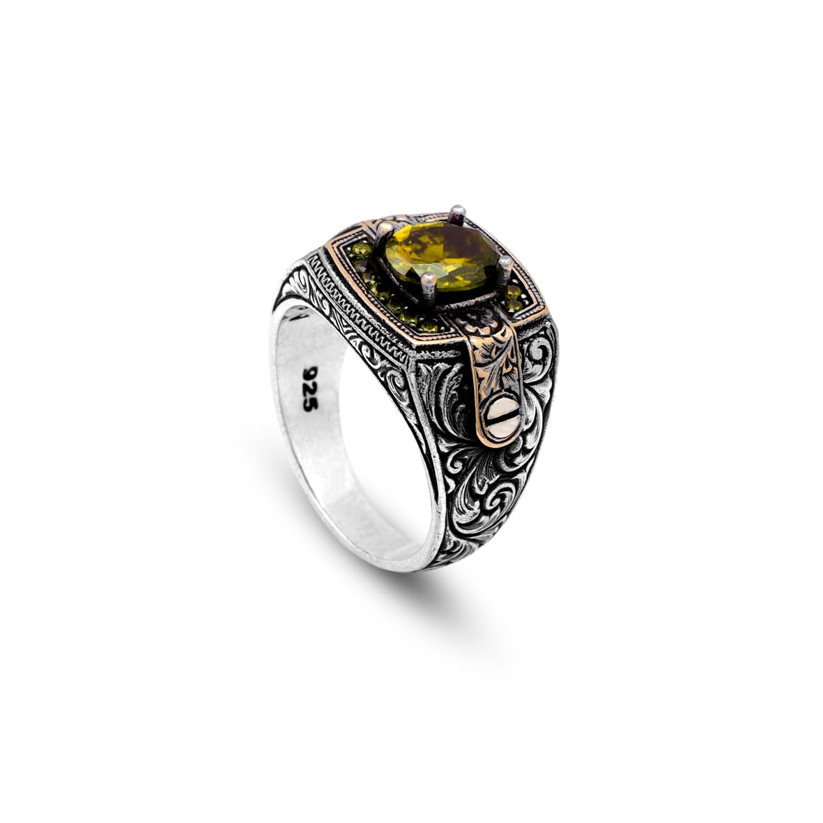 Citrine Pinky Ring with Micro Stone - Vintage Style Men's Gemstone Ring in 925 Sterling Silver - Turkish Handmade Polished Engagement Ring with Silver Polishing Cloth Gift