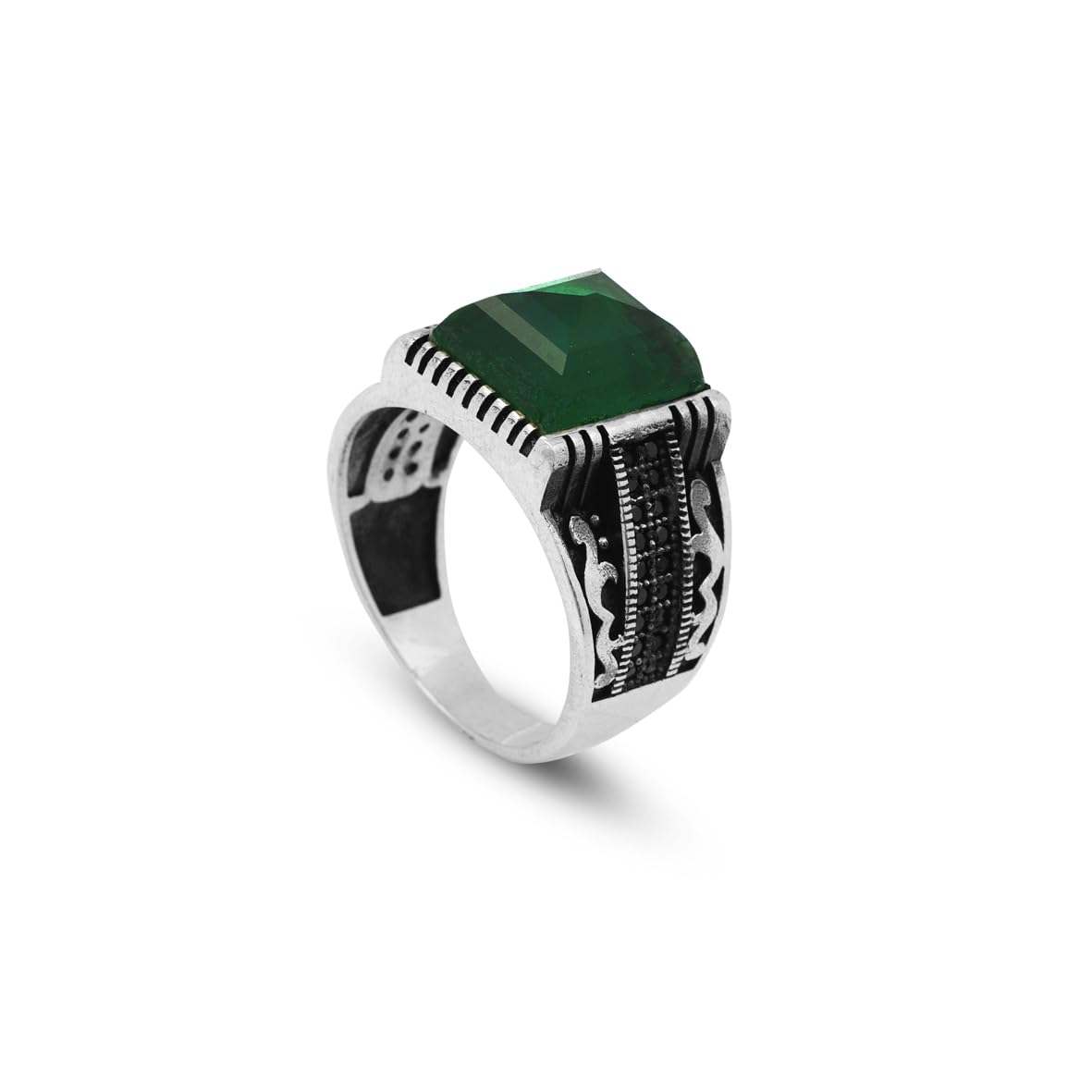 Handmade Jade Gemstone Square Stone Pinky Ring for Men Vintage 925 Sterling Silver